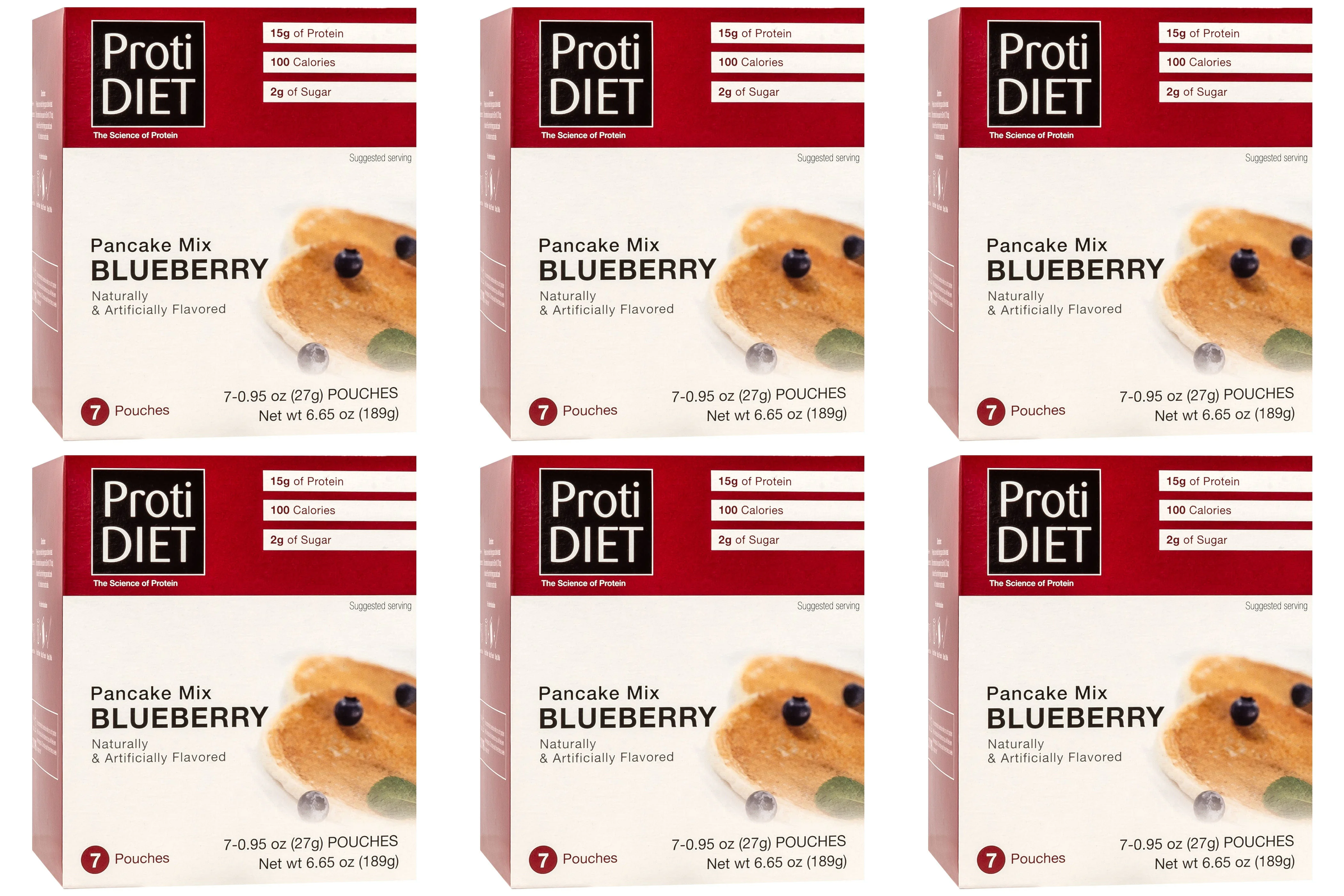 ProtiDIET Blueberry Pancake Mix comes in a box containing seven 0.95 oz pouches, featuring 15g of protein, 100 calories, and 2g of sugar per serving, with a visually appealing pancake on the front.