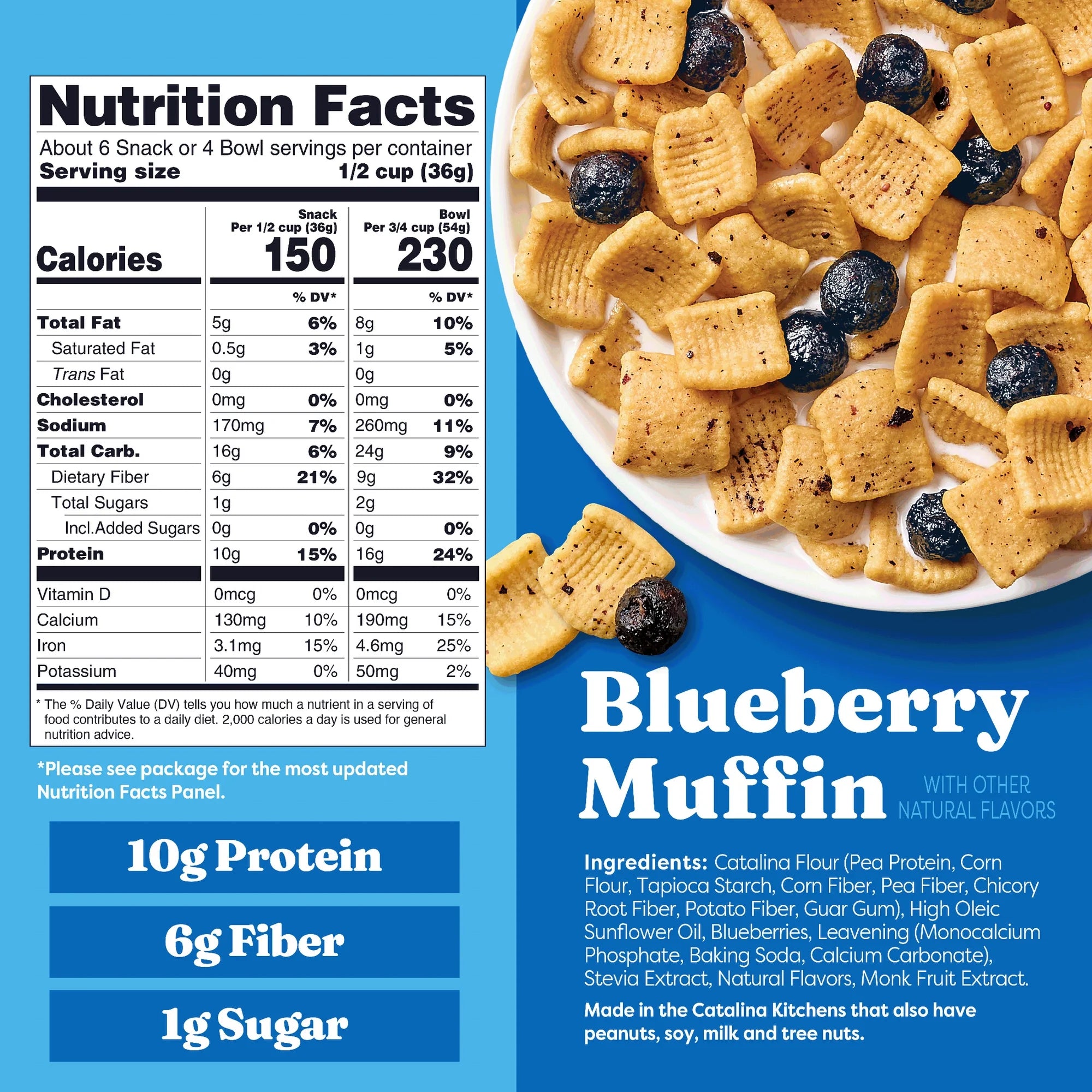A bowl of blueberry muffin-flavored cereal features golden, square-shaped pieces and dark blueberries, accompanied by a nutrition facts panel and ingredient list on a bright blue background.