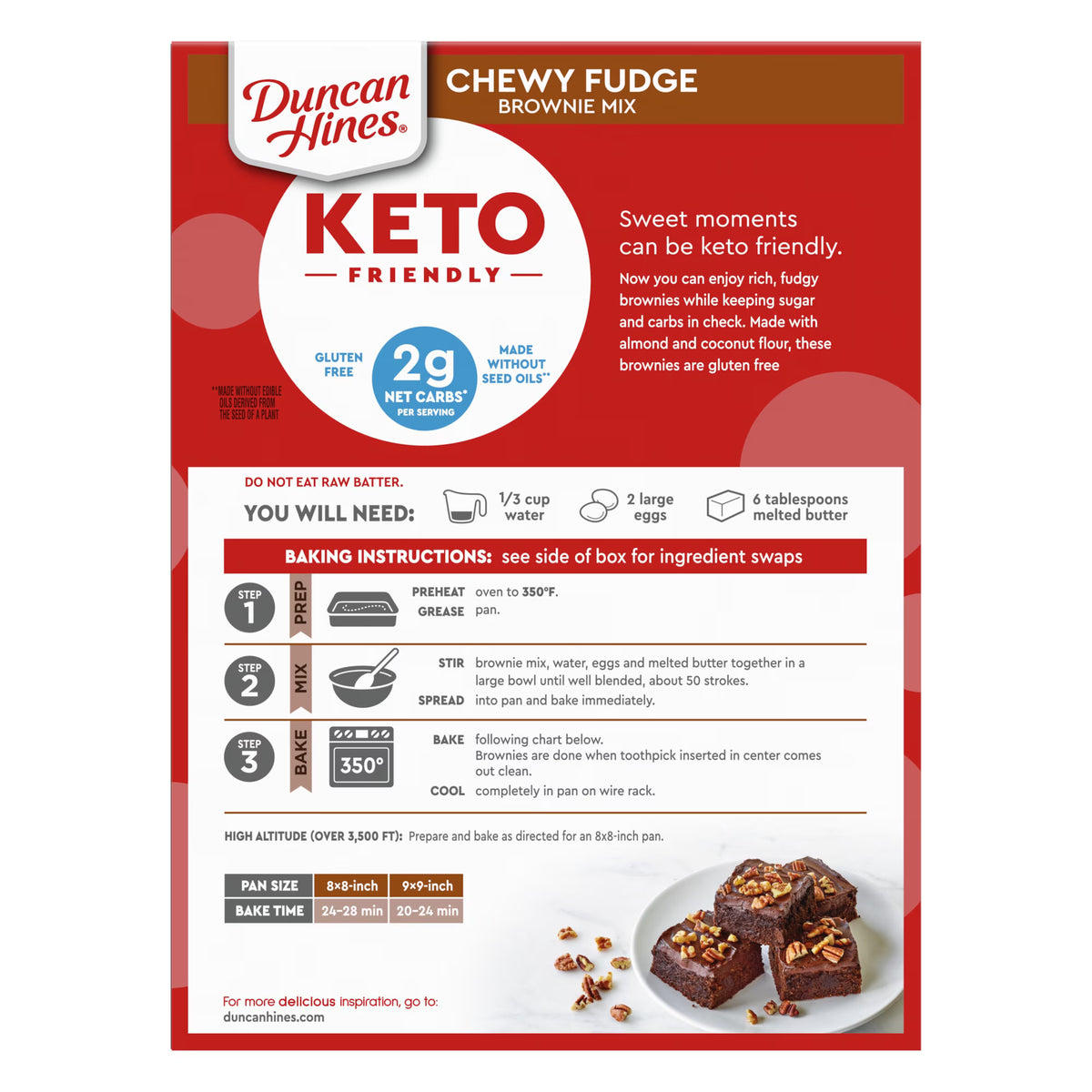 A red and white package of Duncan Hines Chewy Fudge Brownie Mix highlights its keto-friendly features, including gluten-free and low-carb information, with baking instructions and ingredients listed.