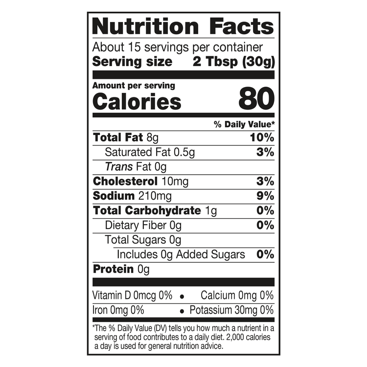 A nutrition facts label displays information about a food product, including serving size, calories, total fat, cholesterol, sodium, carbohydrates, sugars, and protein content.
