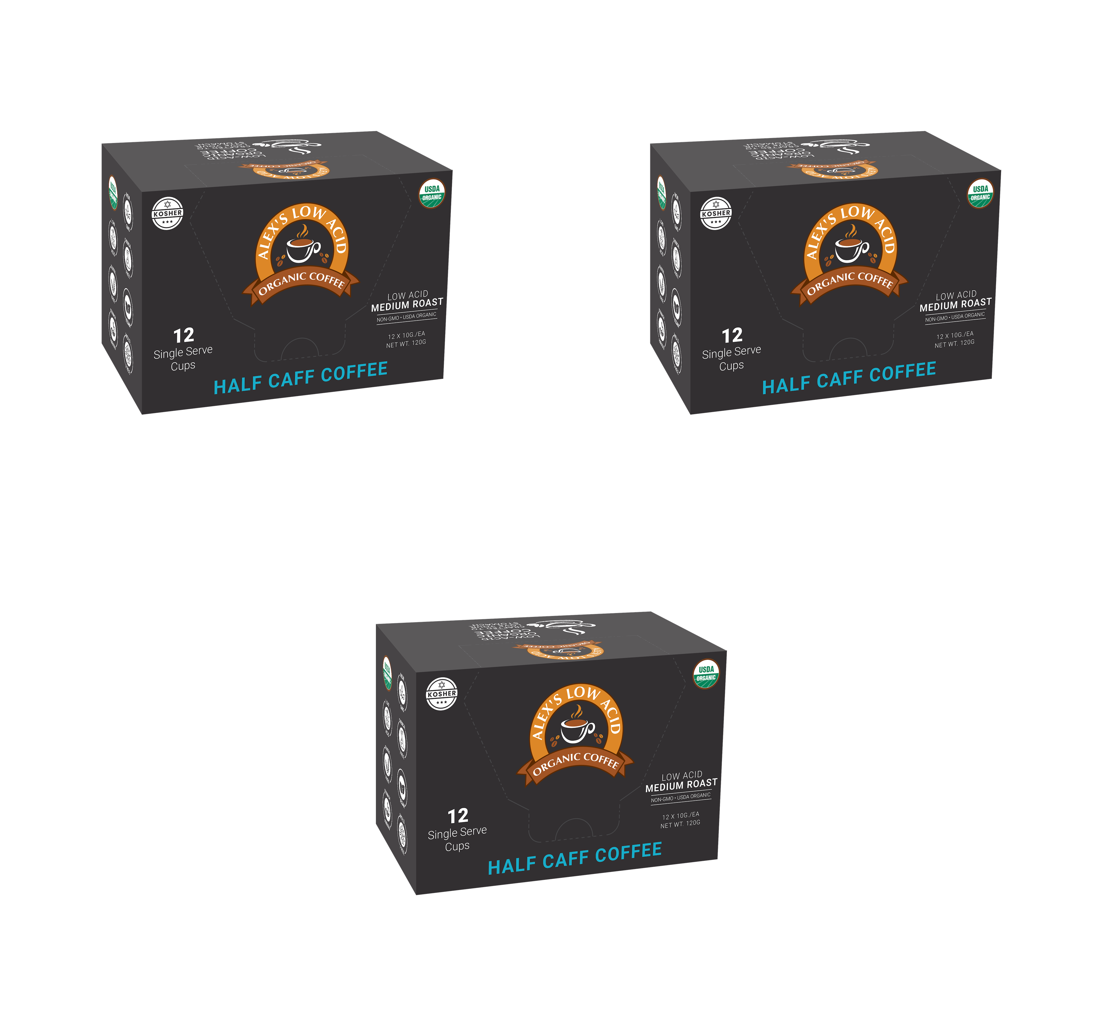 Three boxes of Alex's Low Acid Organic Coffee are displayed, each containing 12 single-serve cups of medium roast half-caffeinated coffee, featuring a black design with a logo and certification labels.
