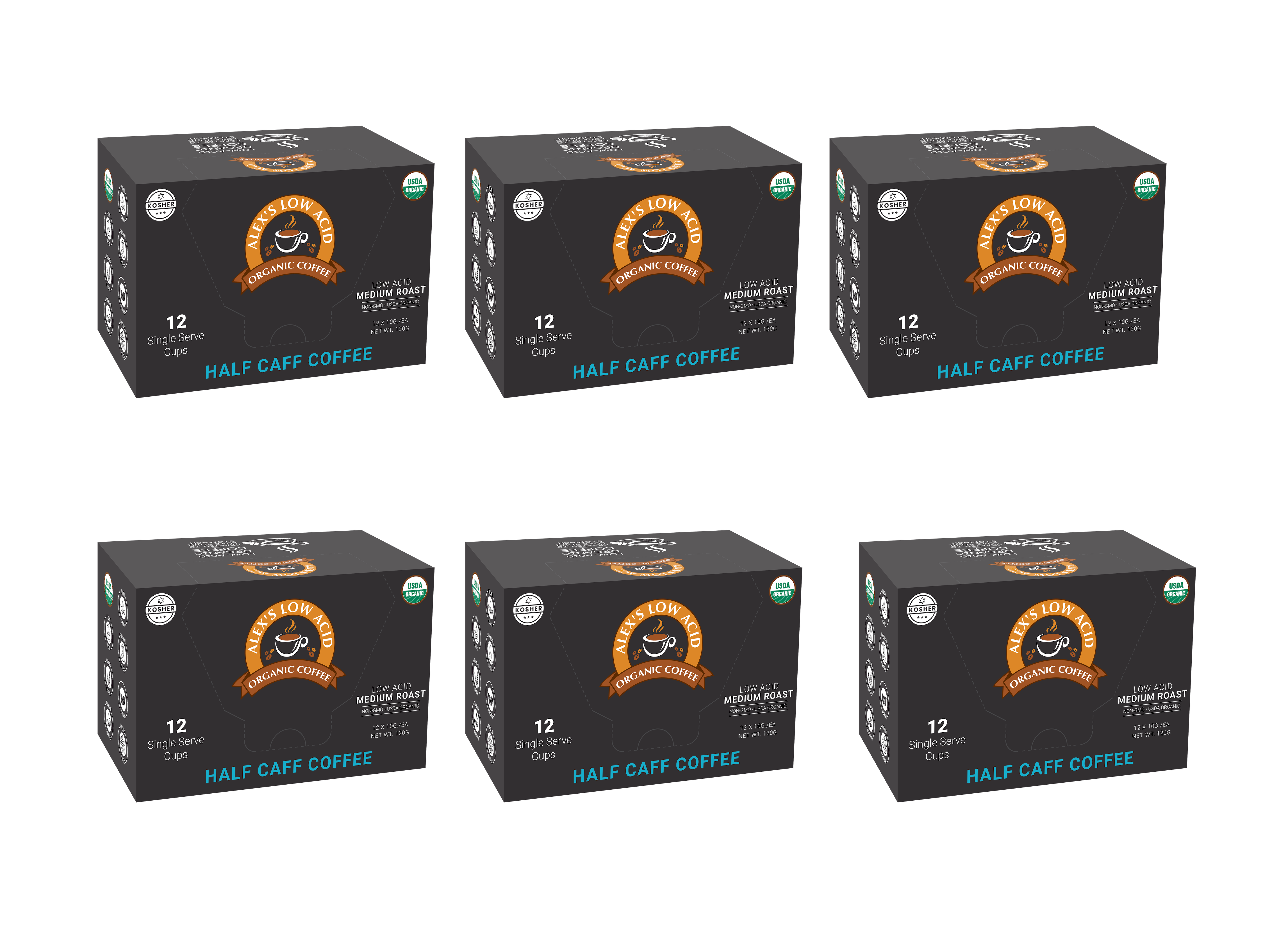 Six boxes of Alex's Low Acid Organic Coffee, labeled "Half Caff Coffee," each containing 12 single-serve cups, displayed against a black background.