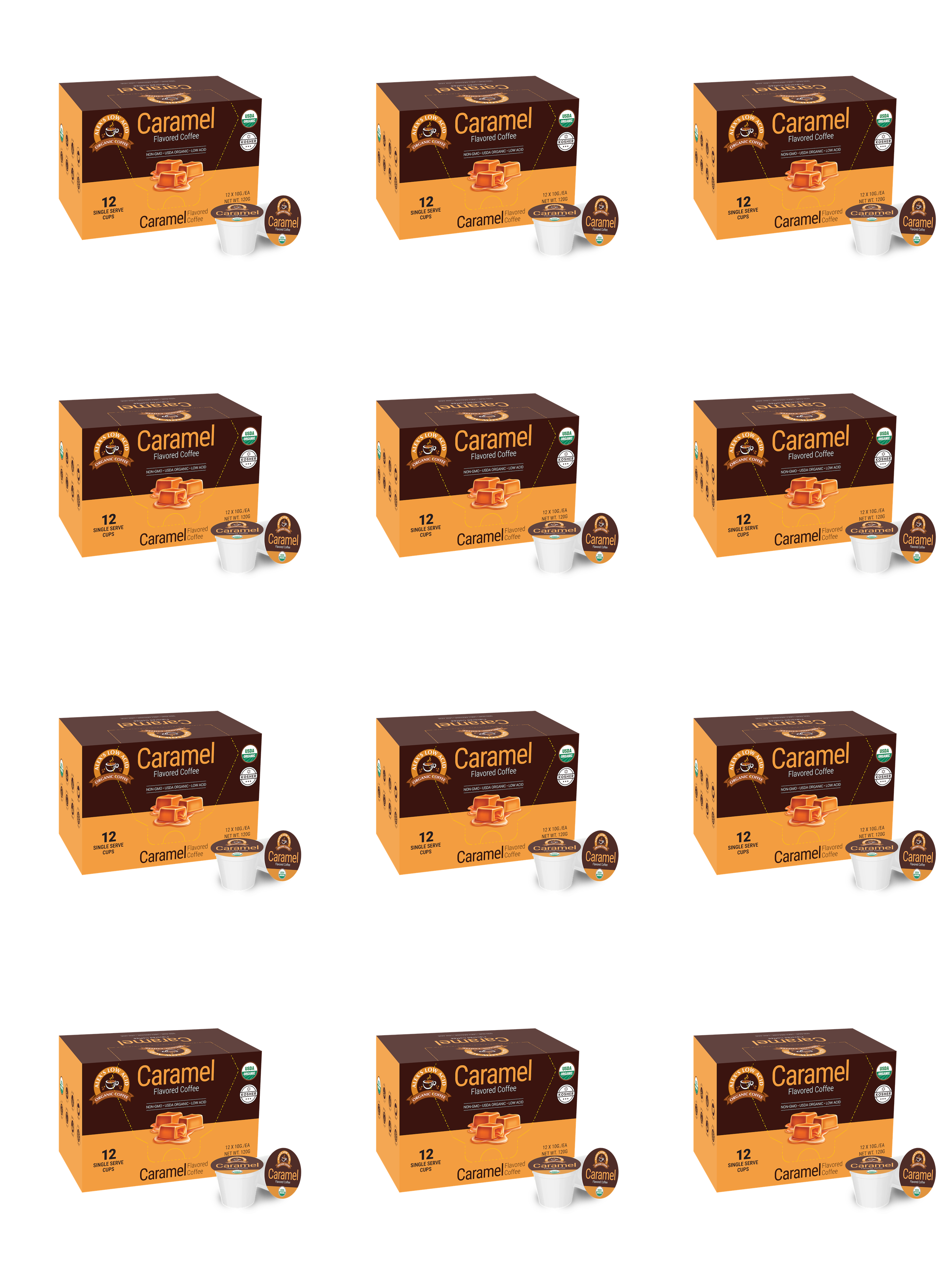 A grid of caramel-flavored coffee boxes, each containing 12 single-serve pods, displayed on a black background, emphasizing the product's packaging and branding.