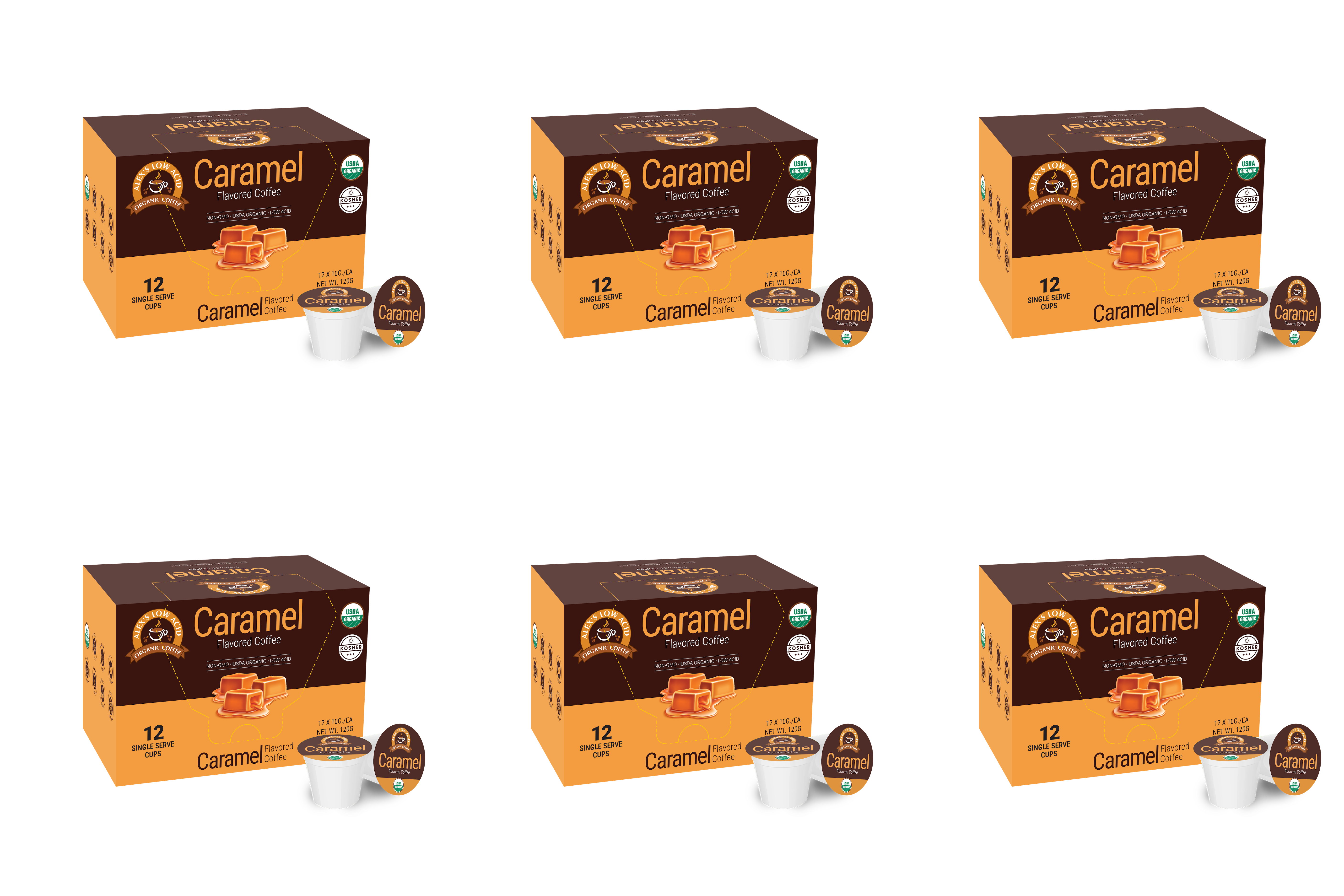 A collection of six boxes of caramel-flavored coffee, each containing 12 single-serve cups, is displayed against a plain background, highlighting the product's packaging and branding.