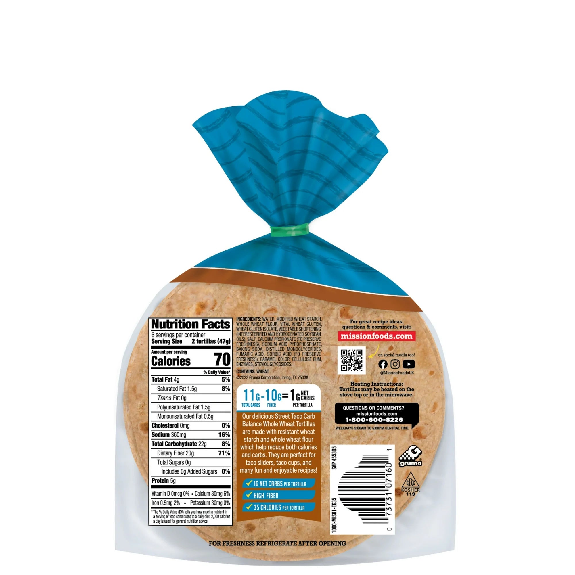 A package of Mission Foods Street Taco Carb Balance Whole Wheat Tortillas displays nutritional information and ingredients on the back, featuring a blue twist tie at the top.