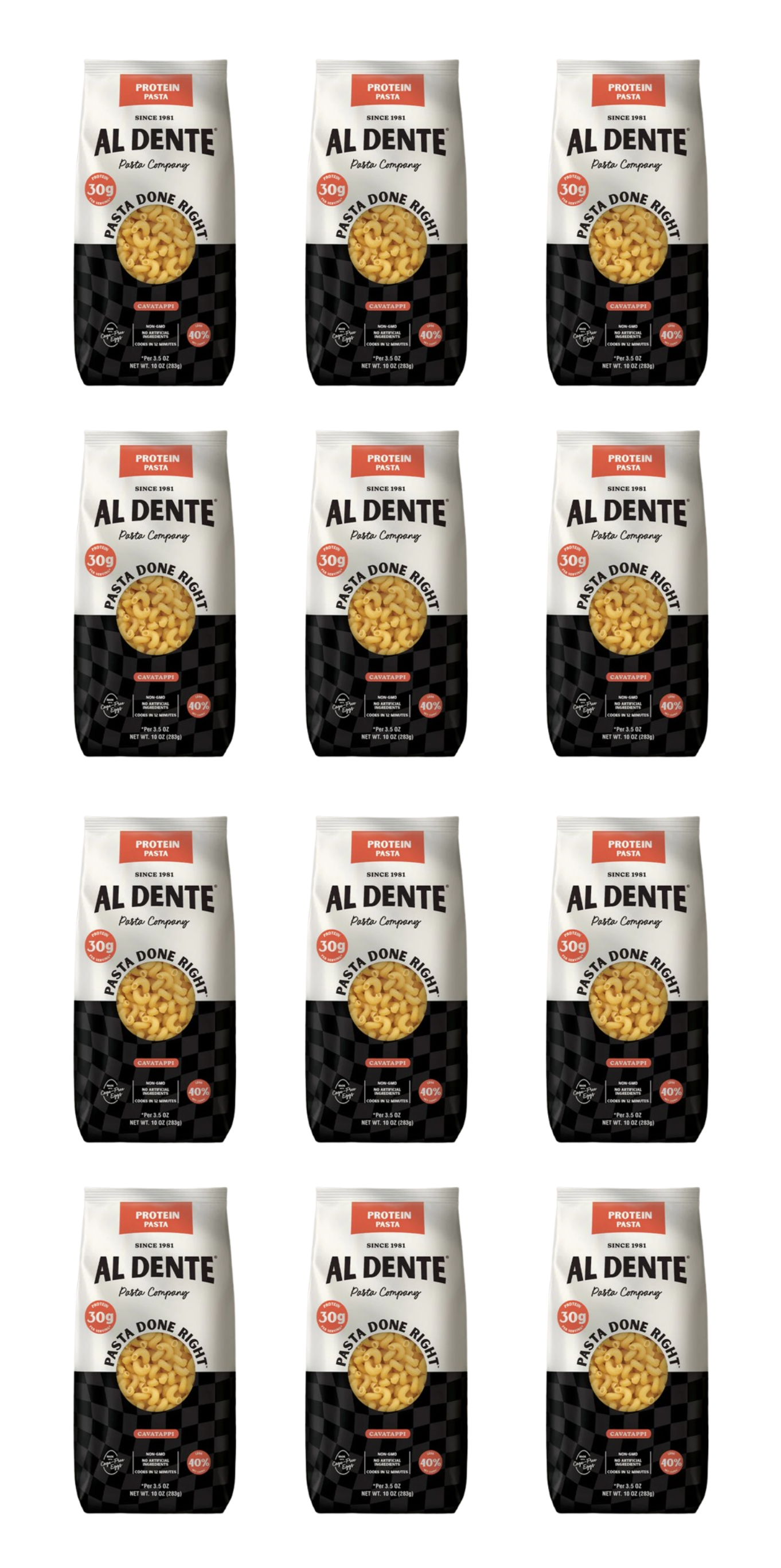 Twelve bags of Al Dente protein pasta, featuring cavatappi shape, are arranged in a grid, each displaying the brand name, product details, and a black-and-white checkered design.