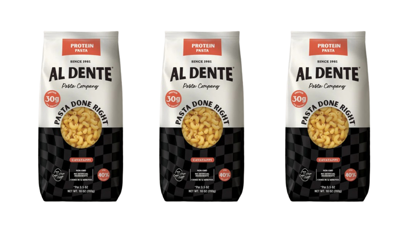 Three bags of Al Dente protein pasta are displayed, featuring a clear window showing cavatappi pasta inside, with labels indicating 30g of protein and cooking instructions.