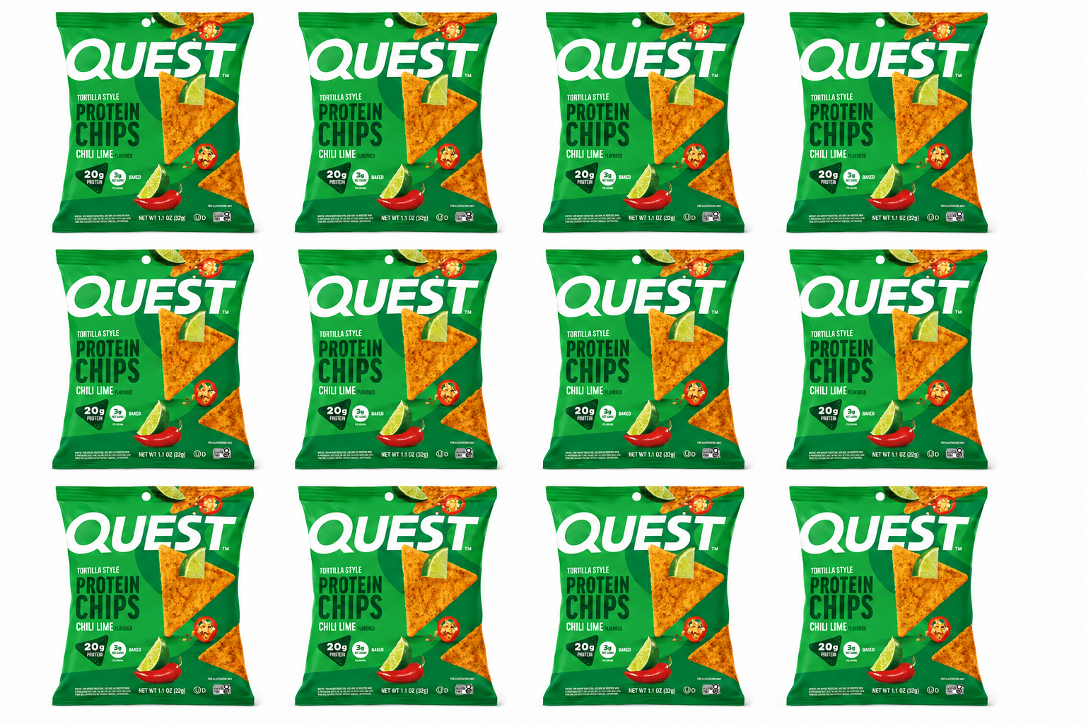 Twelve bags of Quest Chili Lime Protein Chips are arranged in a grid, each featuring a green background, triangular chips, lime wedges, and text highlighting 20 grams of protein per serving.