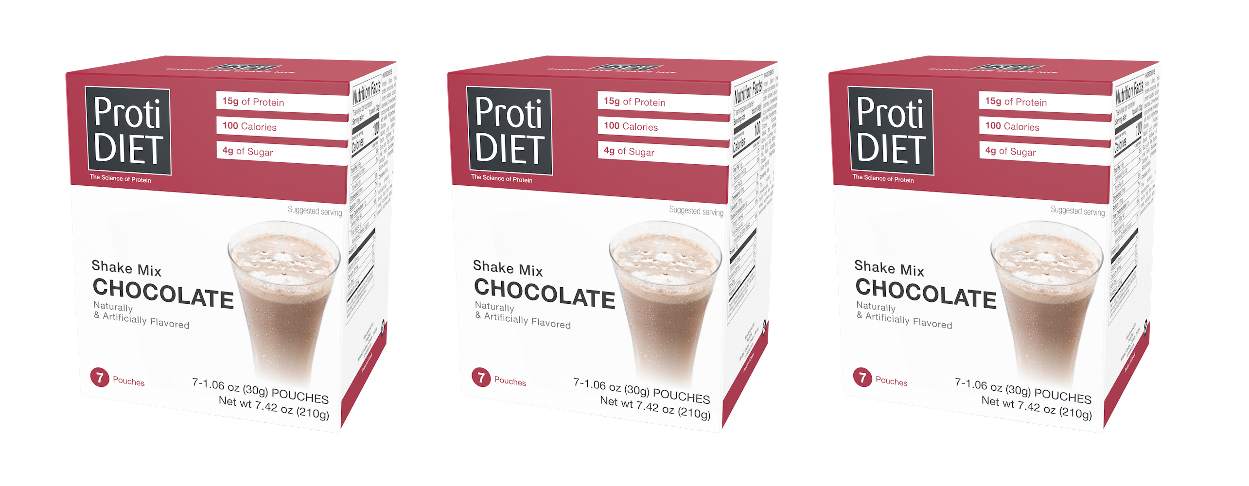 Three boxes of ProtDiet chocolate shake mix are displayed, each showing a glass of chocolate shake, with nutrition information highlighting 15g of protein, 100 calories, and 4g of sugar per serving.