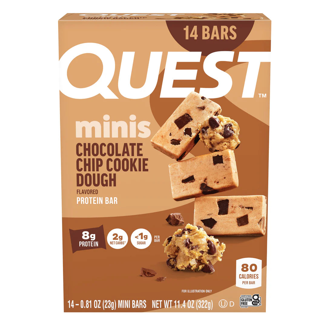 A box of Quest Minis Chocolate Chip Cookie Dough protein bars displays 14 individually wrapped bars, highlighting their low sugar and high protein content with a cookie dough illustration.