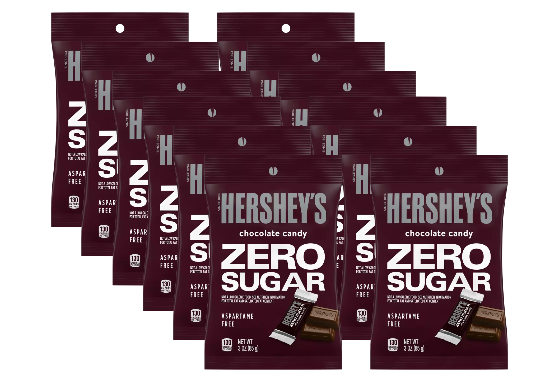 A collection of Hershey's Zero Sugar chocolate candy bags is displayed, each featuring bold text and images of the candy, emphasizing that they are aspartame-free and weigh 3 ounces.