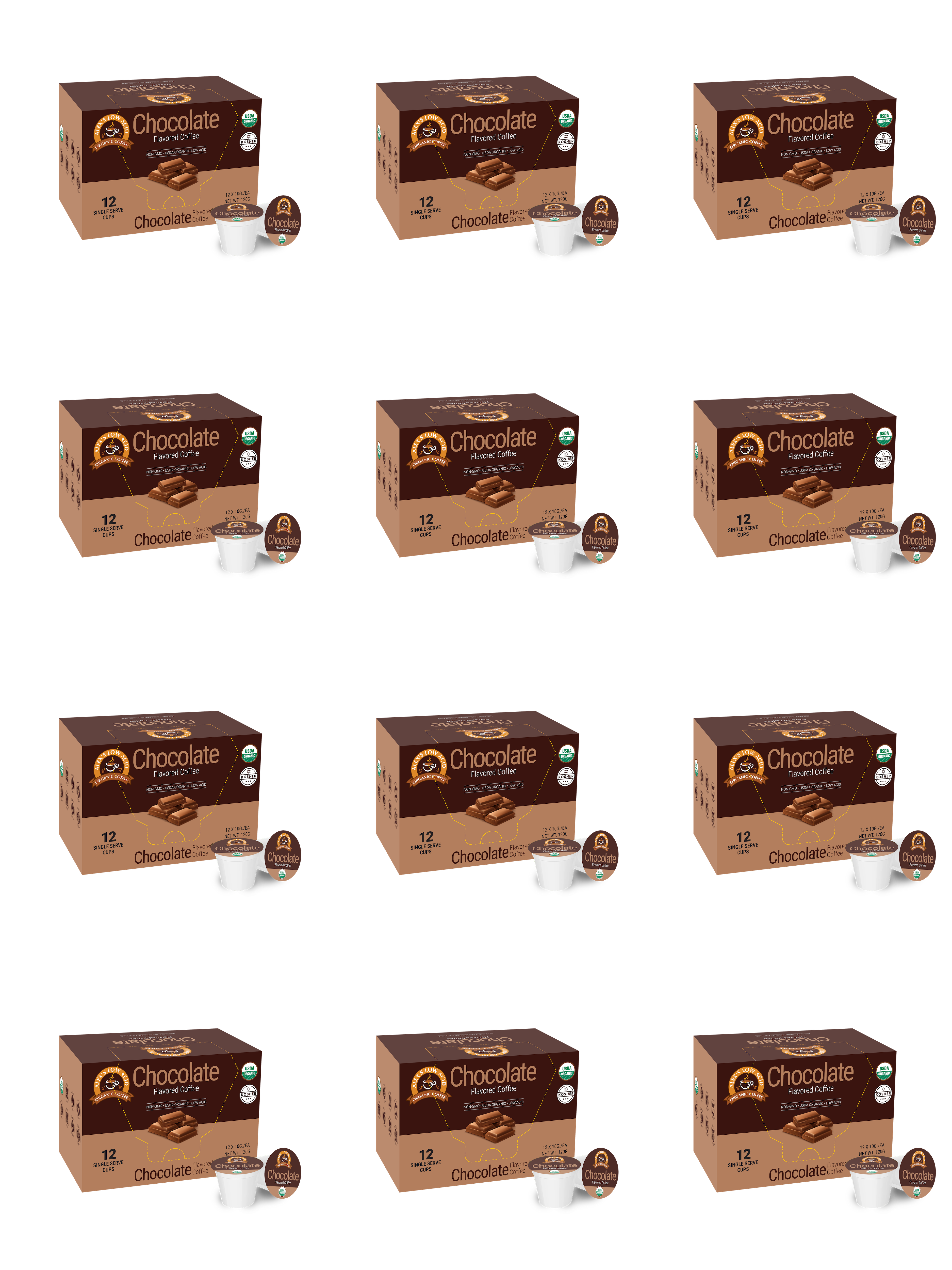 Twelve boxes of chocolate-flavored coffee pods are arranged in a grid, each box displaying the product name and containing a coffee cup beside it.