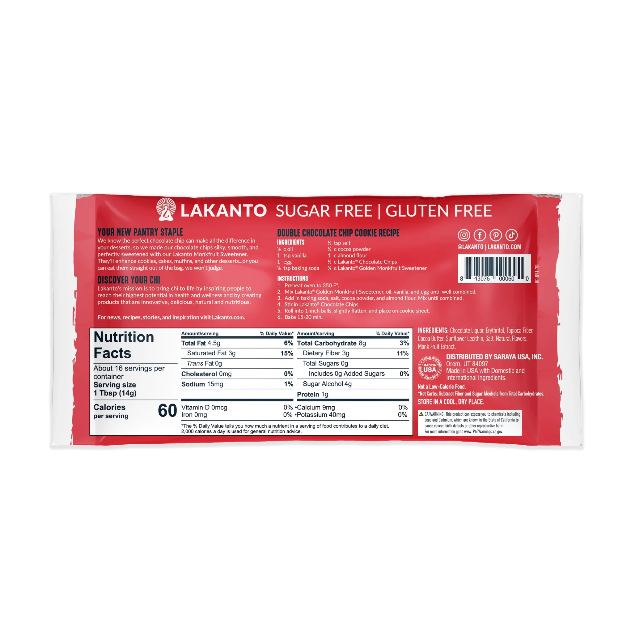 A red and white packaging for Lakanto's sugar-free, gluten-free double chocolate chip cookie recipe, featuring ingredients, nutrition facts, and instructions for preparation.