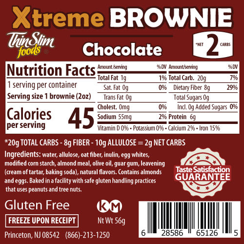 Brownie packaging features a red background with nutrition facts, highlighting it as a gluten-free chocolate product with low calories and carbs, and includes ingredients and a satisfaction guarantee.