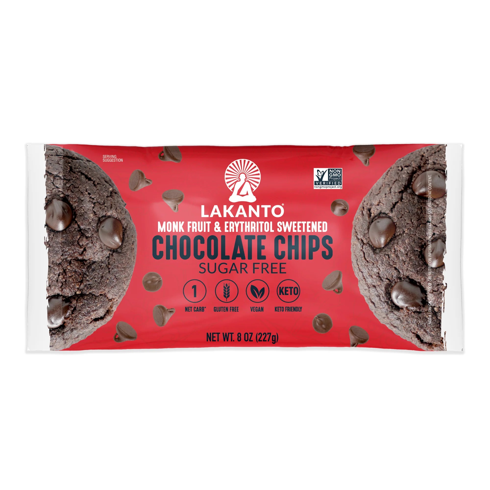 A red package of Lakanto sugar-free chocolate chips features a cookie with chocolate chips and highlights that the product is sweetened with monk fruit and erythritol, suitable for keto and vegan diets.