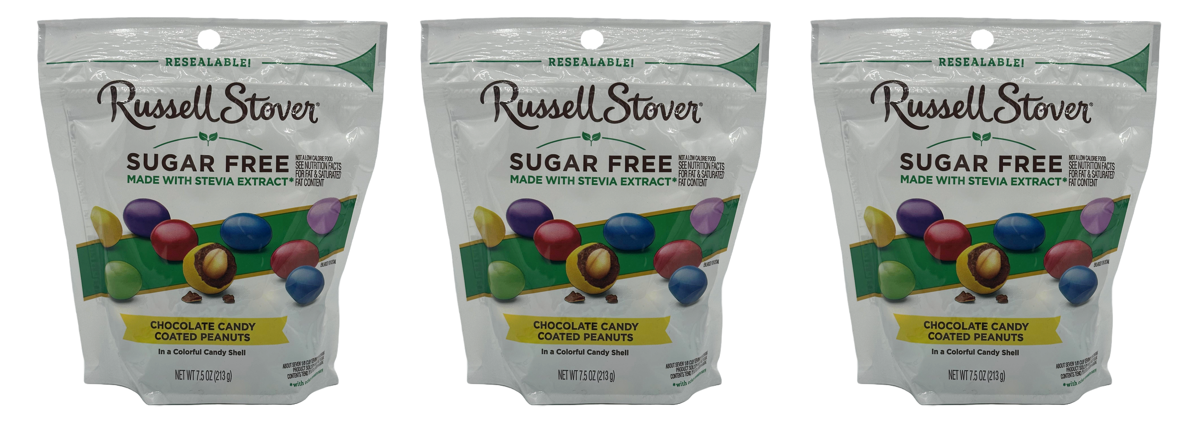 Three resealable bags of Russell Stover Sugar Free Chocolate Candy Coated Peanuts, featuring colorful candy shells and labeled with product details, are displayed side by side.