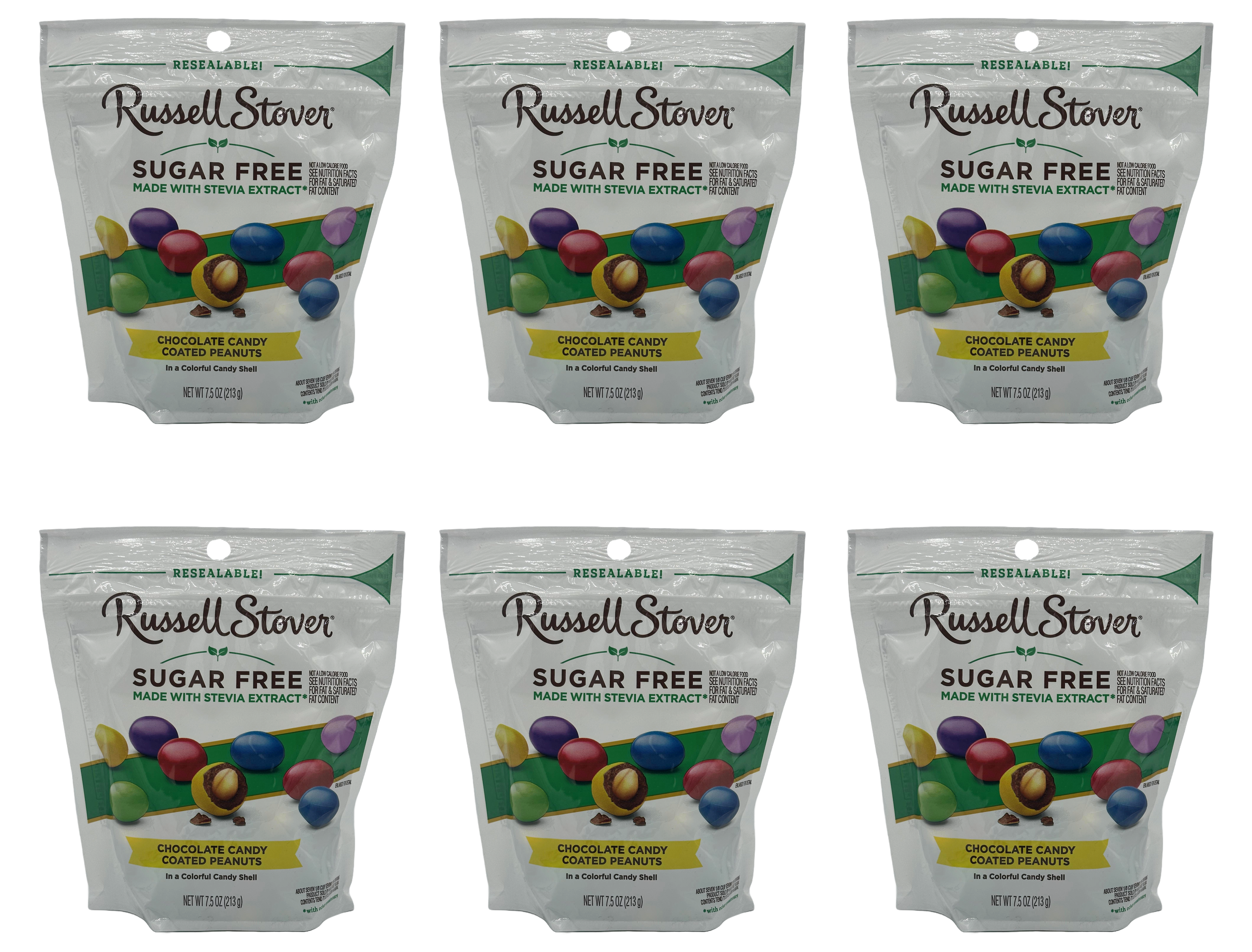 Russell Stover Sugar Free Chocolate Candy Coated Peanuts in a resealable bag, featuring colorful candy shells, with a net weight of 7.5 oz (213 g).