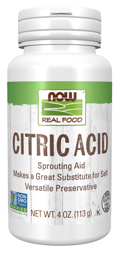 A white bottle labeled "Citric Acid" features the brand "NOW Real Food," highlighting its use as a sprouting aid, salt substitute, and versatile preservative, with a net weight of 4 oz.