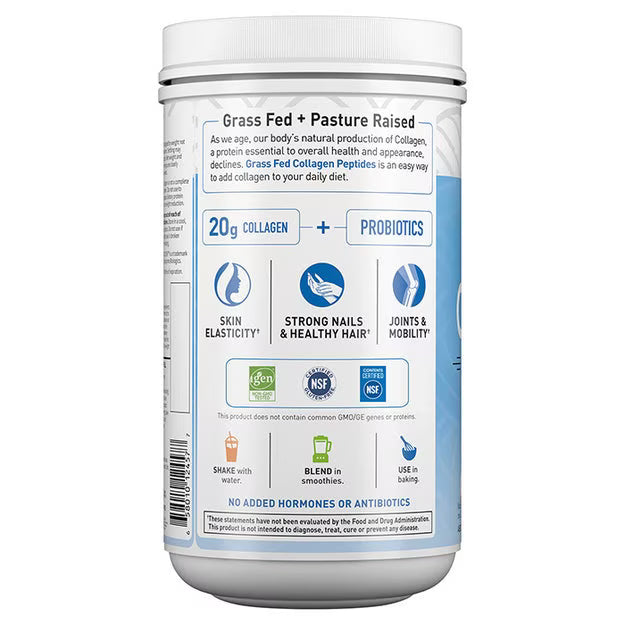 A white container of Grass Fed Collagen Peptides features a blue label highlighting benefits like skin elasticity, strong nails, and mobility, with instructions for use in smoothies and baking.