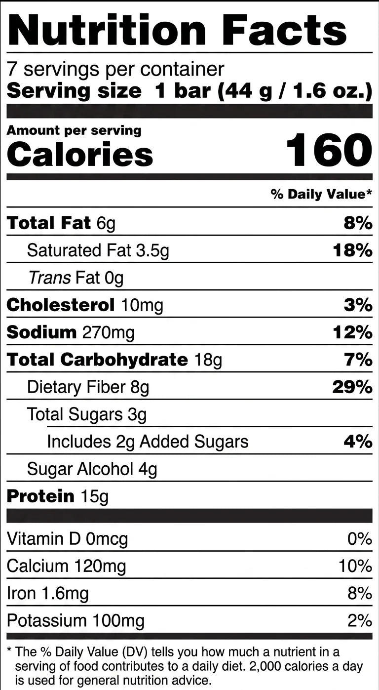 A nutrition facts label displays detailed information about a food product, including serving size, calories, and nutrient content such as total fat, carbohydrates, and protein.