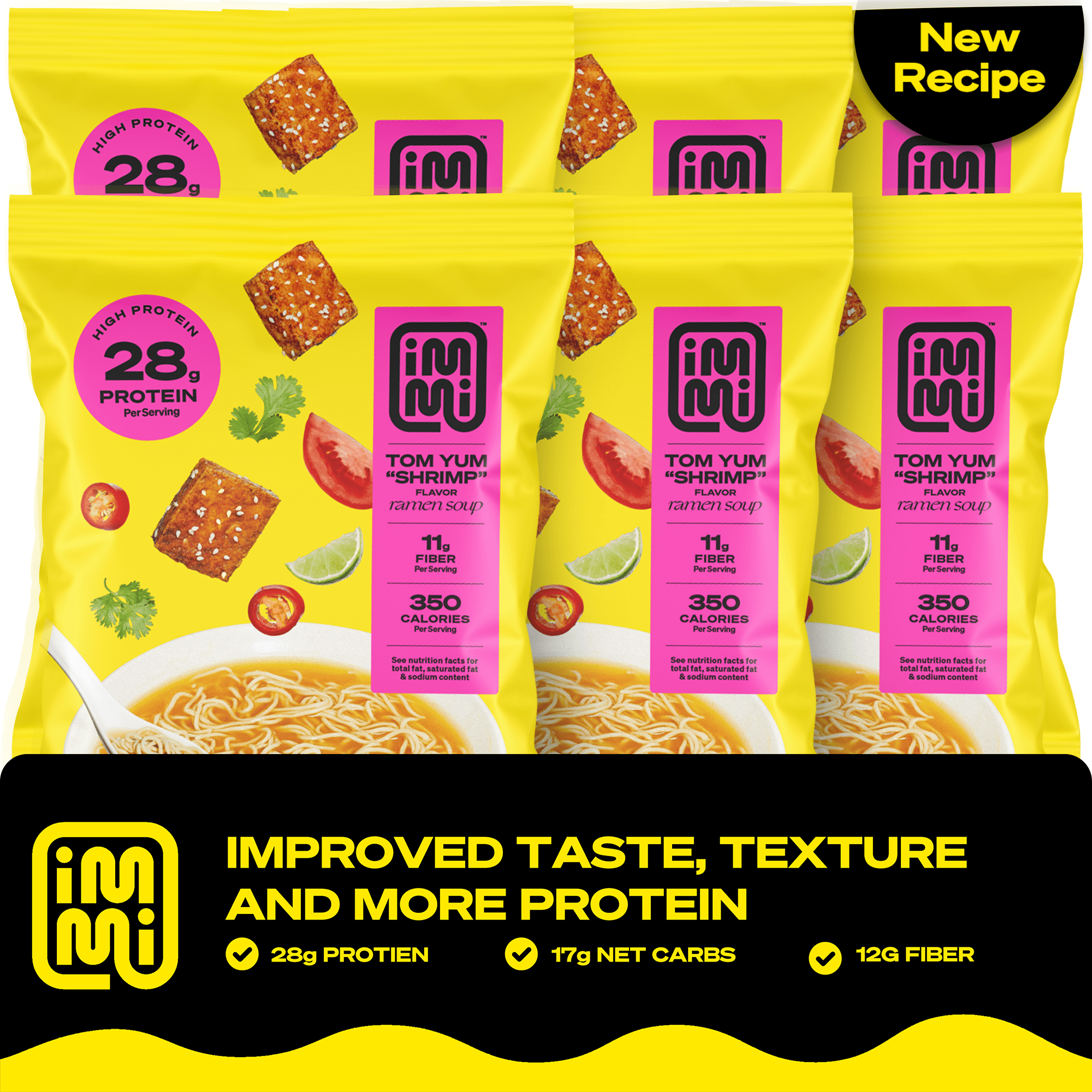 Four vibrant yellow packages of immi Tom Yum "Shrimp" ramen soup are displayed, highlighting high protein content, with a bowl of noodles and fresh ingredients like lime and tomato in the background.