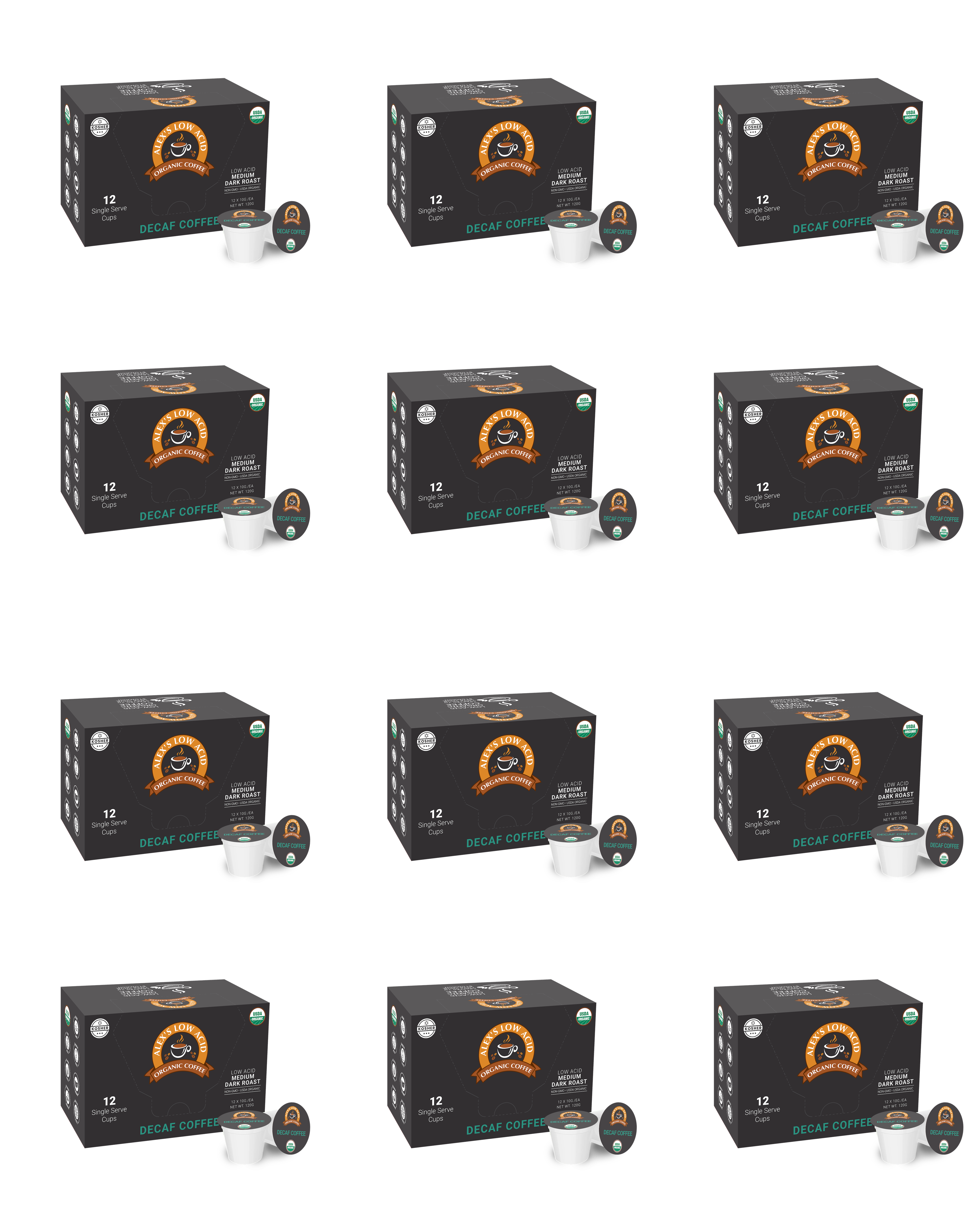 Twelve boxes of decaf coffee pods are arranged in a grid, each box featuring a black design with an orange logo and text indicating "12 Single Serve" and "Decaf Coffee."