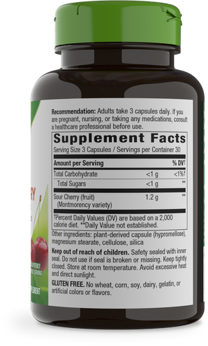 A dark brown bottle of sour cherry supplement capsules with a green cap displays the supplement facts, including serving size and ingredients, against a white background.