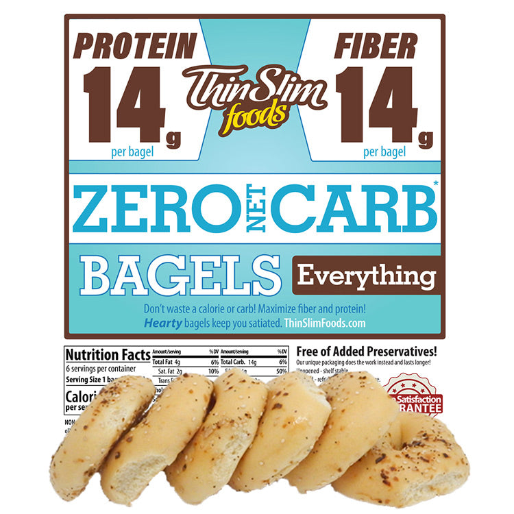 A package of ThinSlim Foods Everything Bagels displays nutritional information highlighting 14g of protein and fiber per bagel, with several bagels arranged in front.