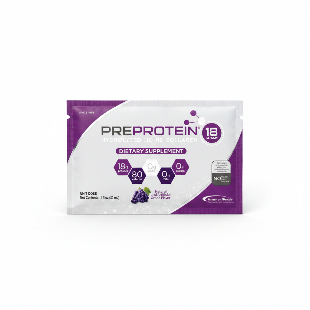 A purple and silver packet of PreProtein hydrolyzed liquid collagen dietary supplement, featuring nutritional information, including 18 grams of protein and grape flavor, against a white background.