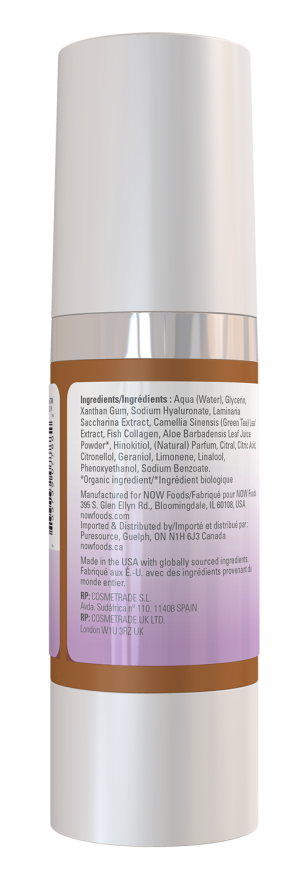 A cylindrical skincare product with a white pump top displays a label listing ingredients in English and French, set against a light background, emphasizing its organic and moisturizing properties.