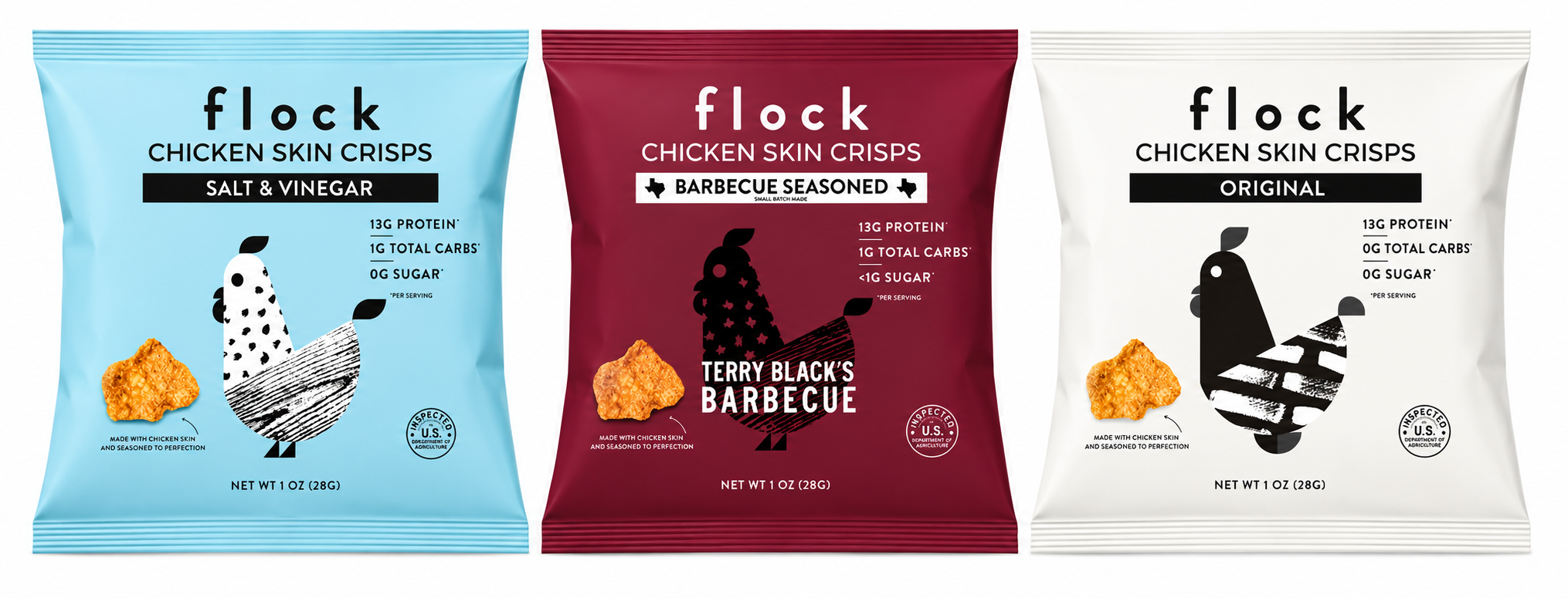 Three bags of Flock Chicken Skin Crisps in different flavors—Salt & Vinegar, Barbecue Seasoned, and Original—displayed side by side, each featuring a colorful design and a crispy snack piece in front.
