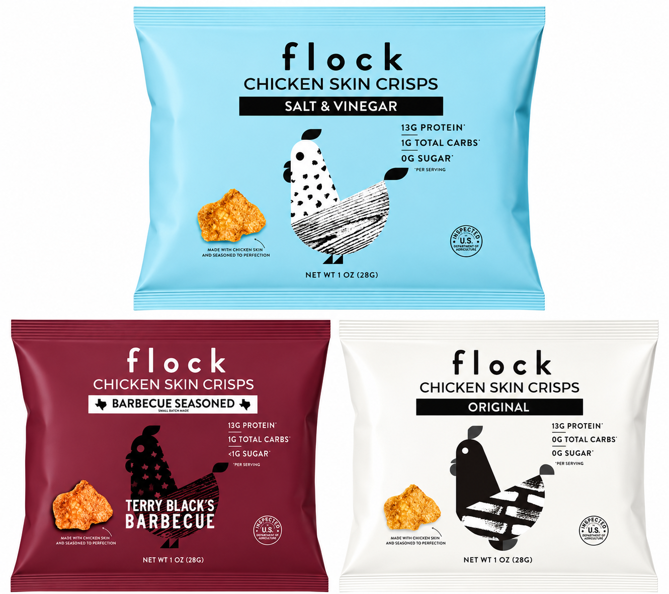 Three bags of Flock Chicken Skin Crisps are displayed: a blue bag labeled "Salt & Vinegar," a red bag labeled "Barbecue Seasoned," and a white bag labeled "Original," each highlighting protein content.