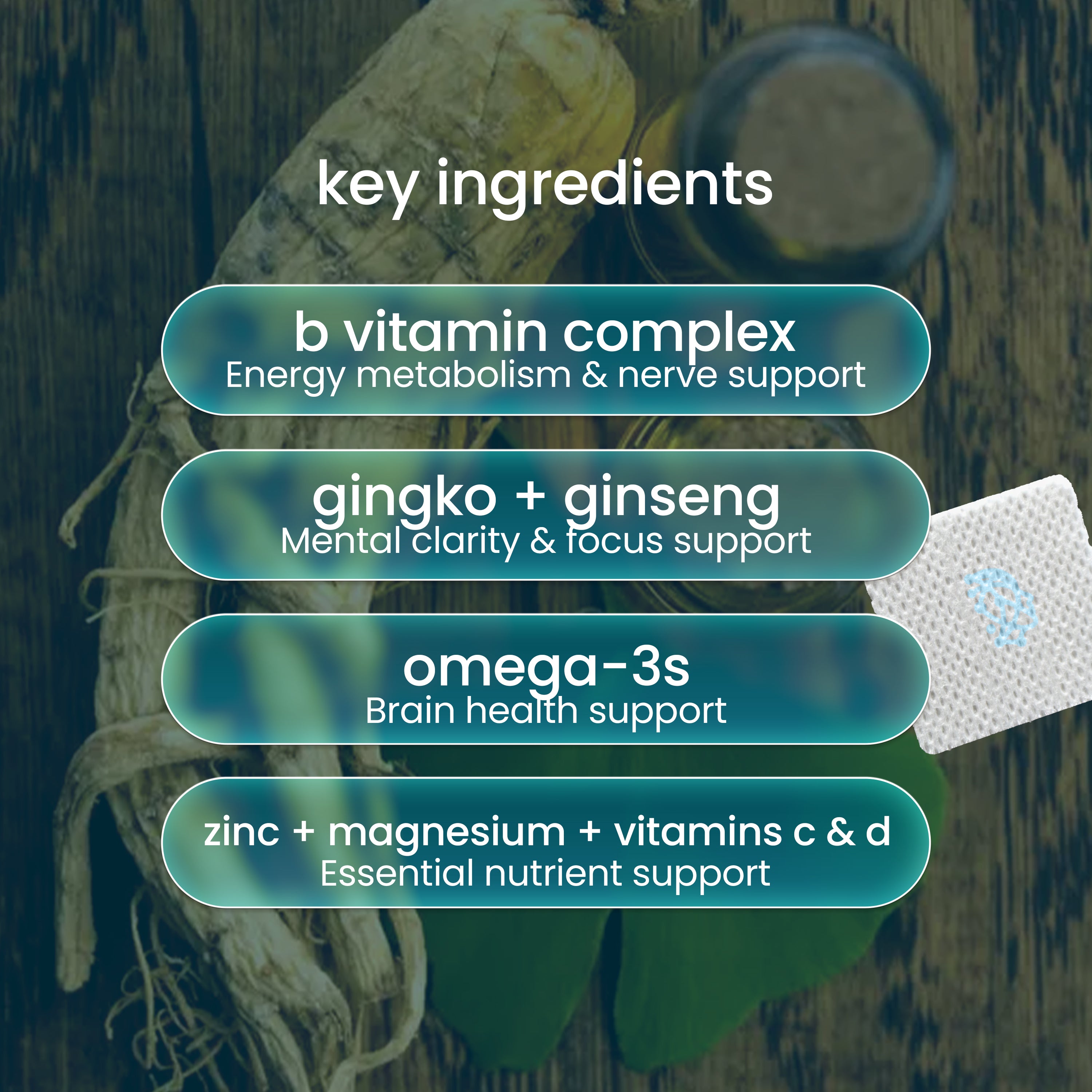 PatchAid Focus + Clarity Patches. Key ingredients: B vitamins, zinc, magnesium, omega-3s, ginkgo biloba, ginseng and 5-HTP.
