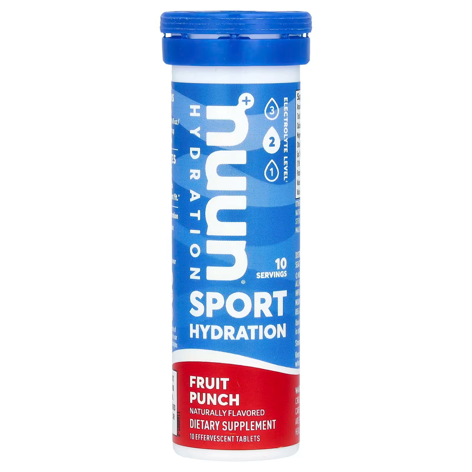 A blue and white container of Nuun Sport Hydration tablets labeled "Fruit Punch," featuring information about servings and dietary supplements, set against a plain background.
