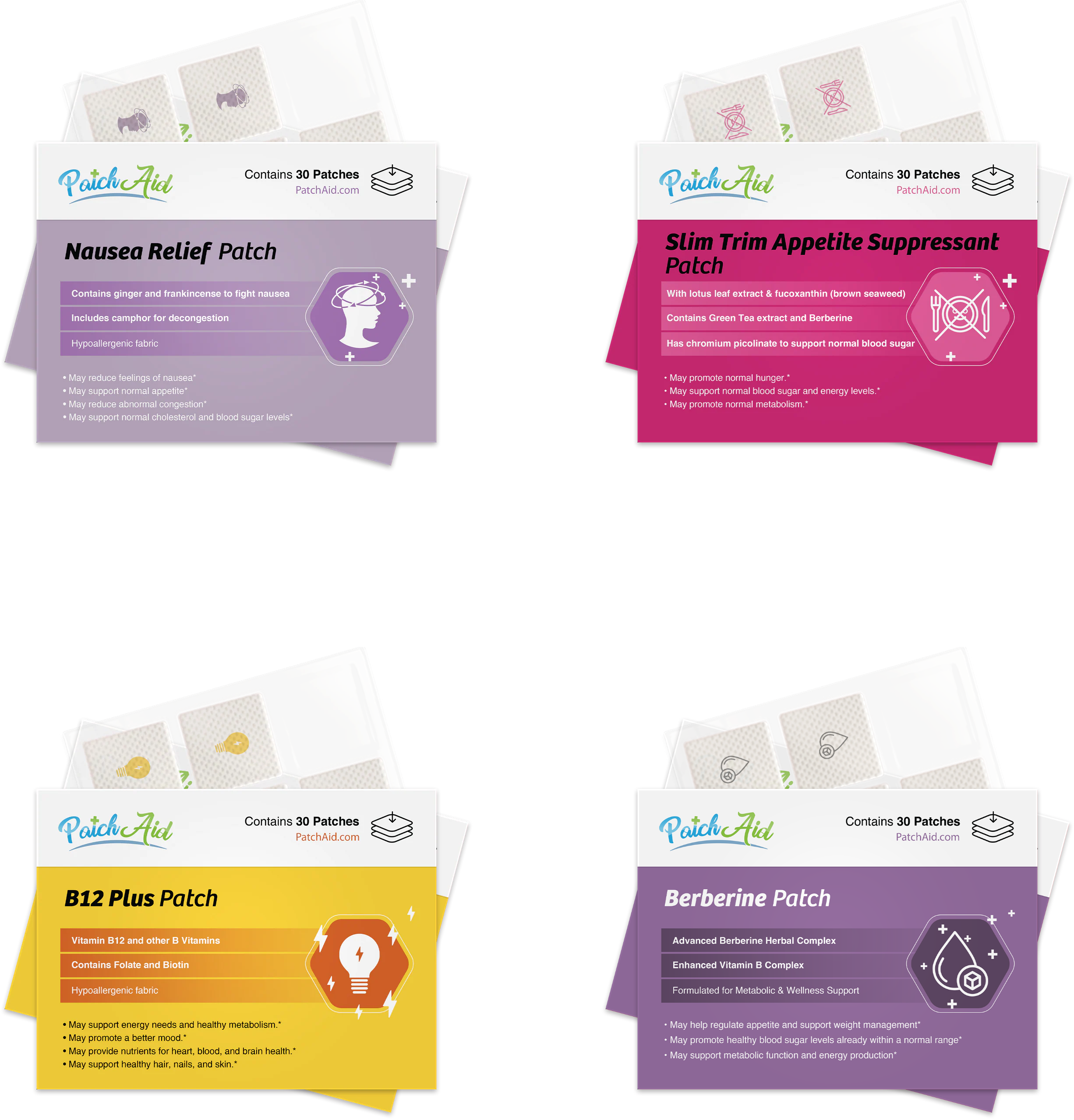 Four colorful product packages for wellness patches are displayed, labeled as Nausea Relief, Slim Trim Appetite Suppressant, B12 Plus, and Berberine, each highlighting key ingredients and benefits.