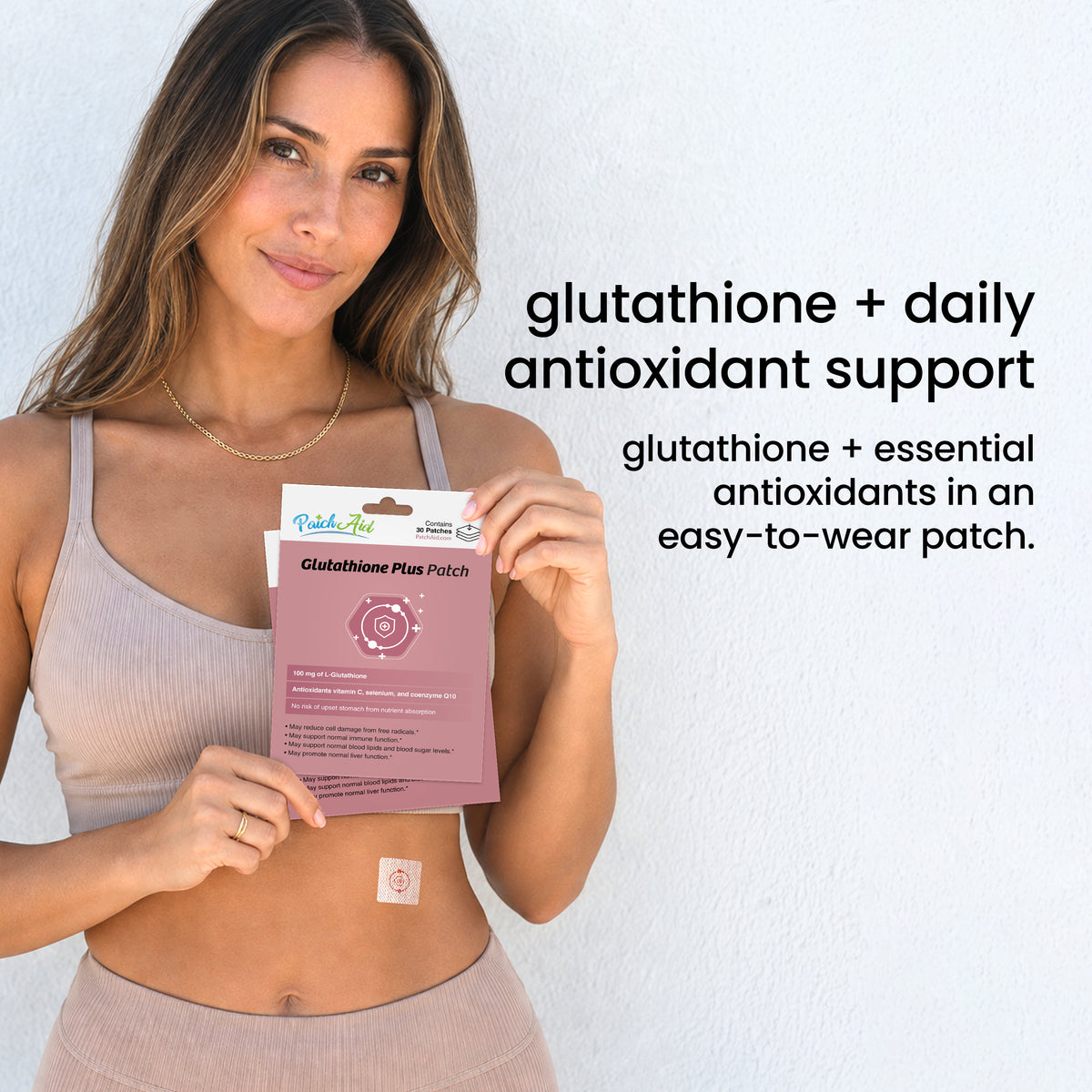 PatchAid Glutathione Plus Patches with 100 mg of L-glutathione, vitamin C, selenium and coenzyme Q10.
