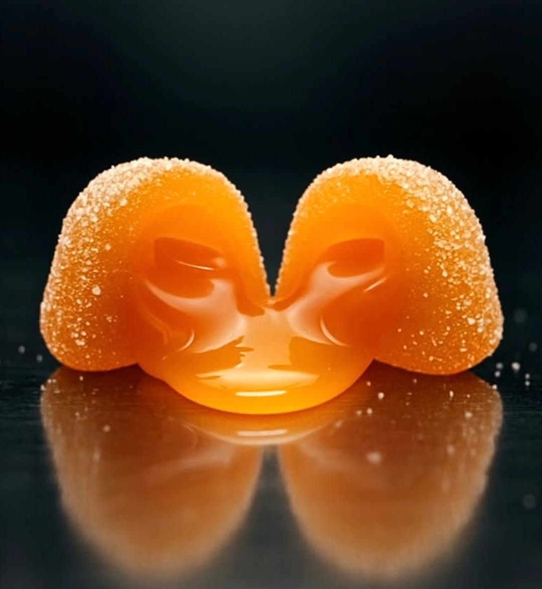 A shiny, vibrant orange jelly-like substance is split in the center, resembling a yolk, with a textured, sugary surface, set against a dark reflective background.