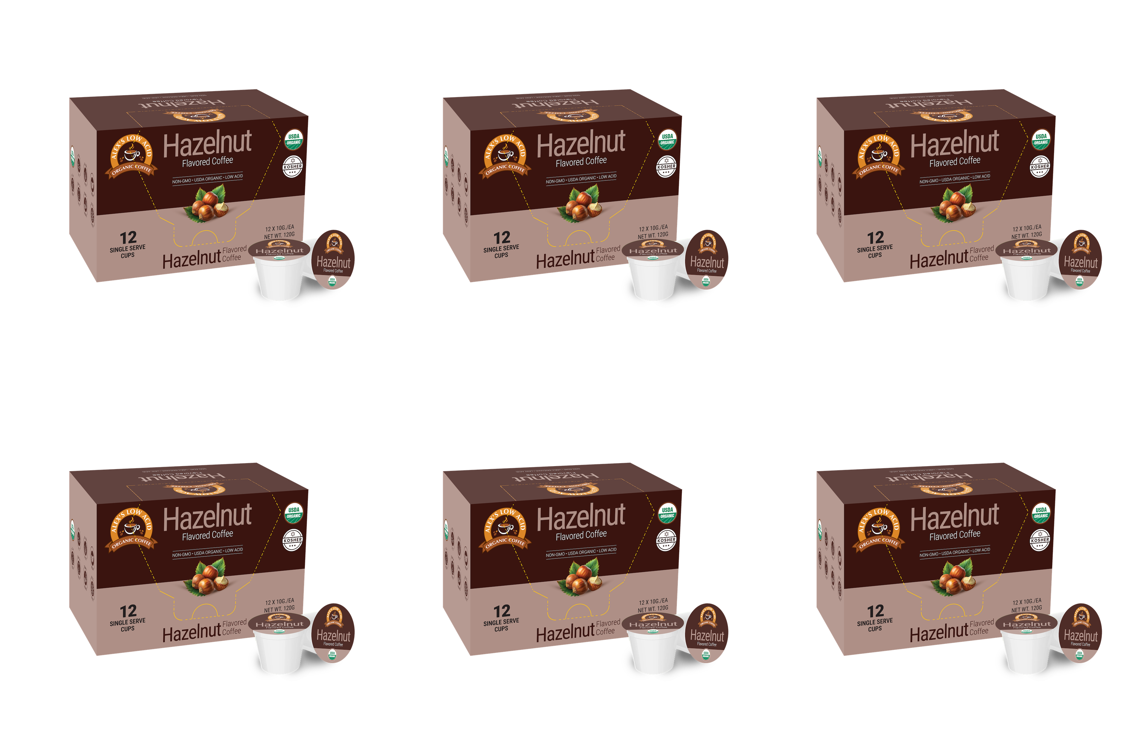 Six boxes of Hazelnut flavored coffee, each containing 12 single-serve cups, are displayed against a plain background, showcasing the product's branding and USDA organic certification.