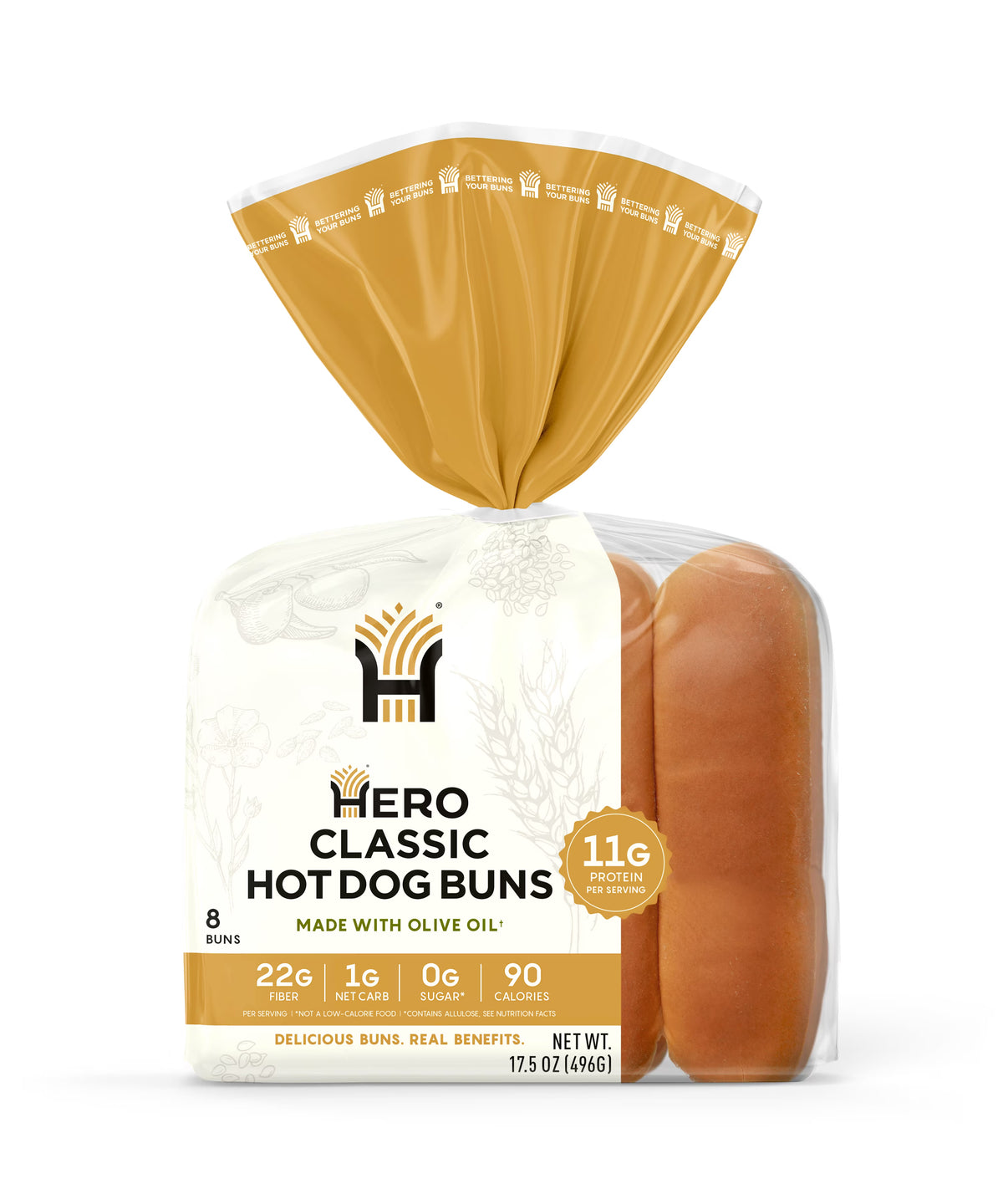 A clear plastic package contains eight Hero Classic hot dog buns, labeled with nutritional information and highlighting features like being made with olive oil and containing 11 grams of protein per serving.