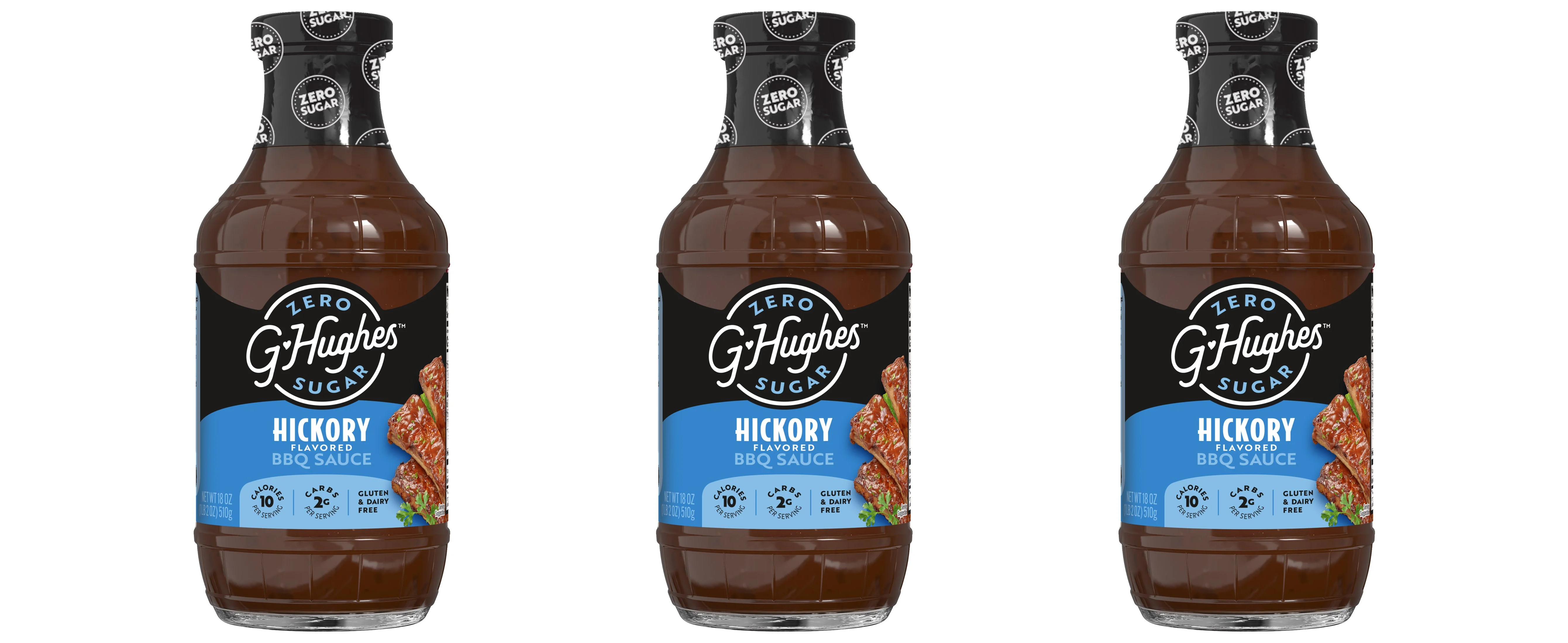 Three bottles of G. Hughes Hickory Flavored BBQ Sauce are displayed side by side, each featuring a black cap and a label indicating zero sugar, gluten-free, and low-calorie content.
