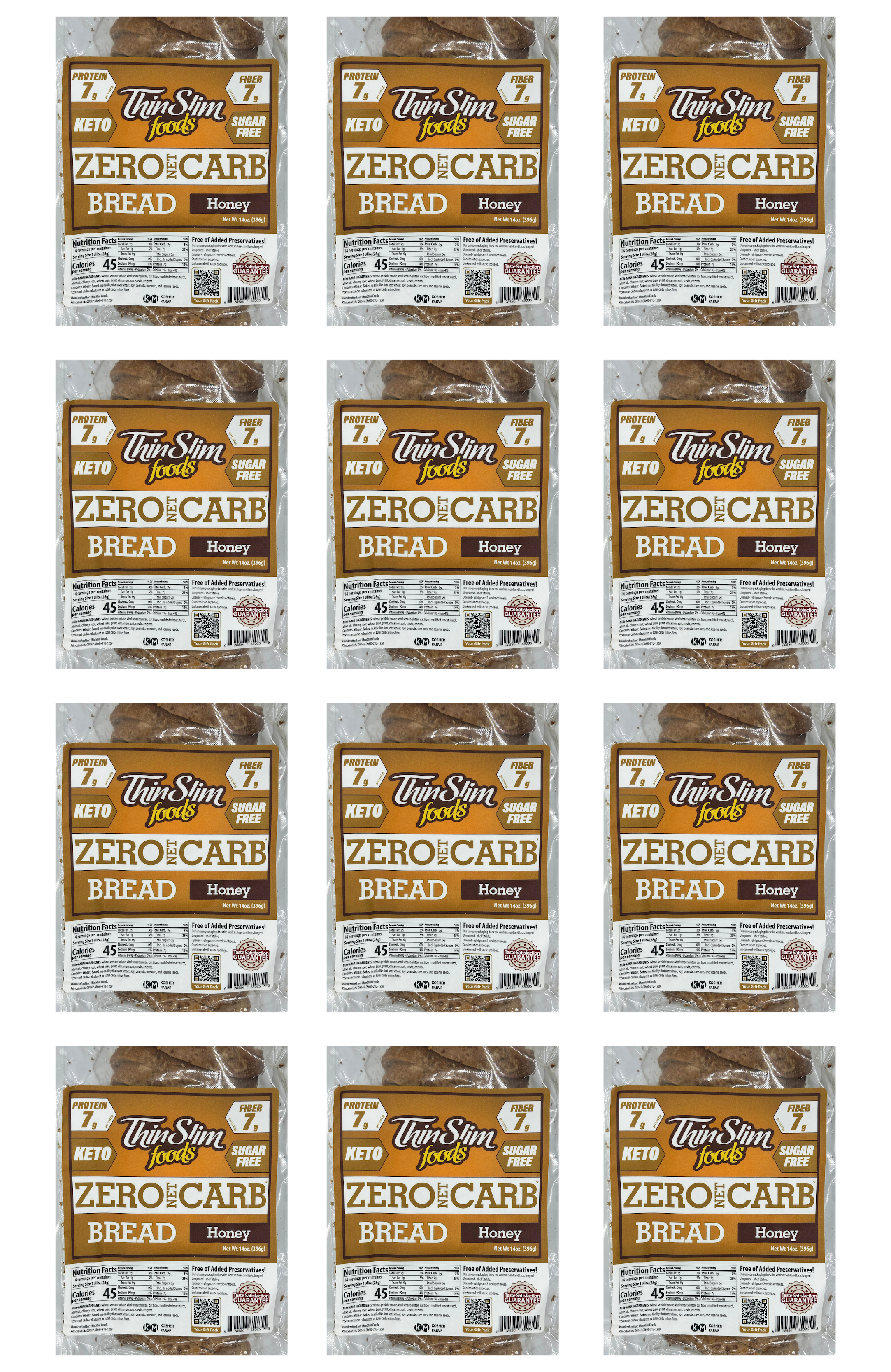 Twelve packages of Thin Slim Foods Zero Carb Honey Bread are arranged in a grid, each displaying nutritional information and labels indicating it's keto-friendly, sugar-free, and high in protein.