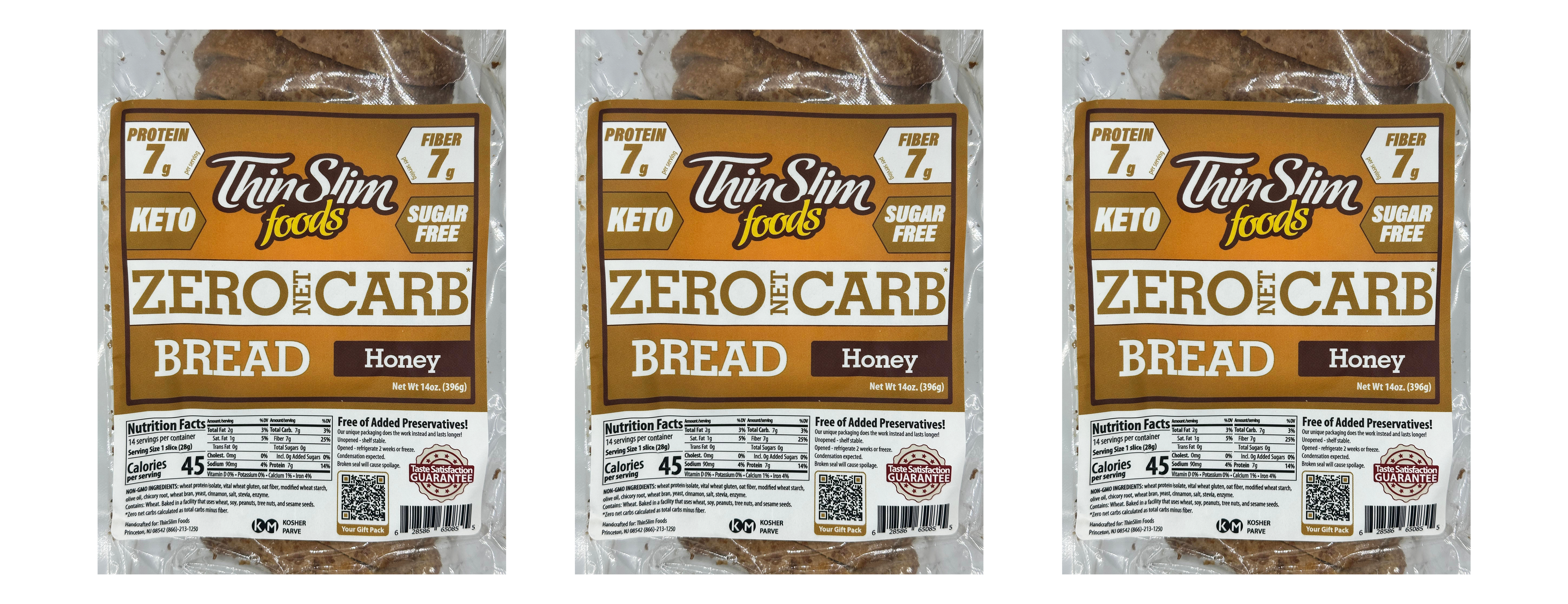 Three identical packages of Thin Slim Foods Zero Net Carb Bread with honey flavor, each displaying nutritional information, highlighting keto, sugar-free, and high-protein attributes.