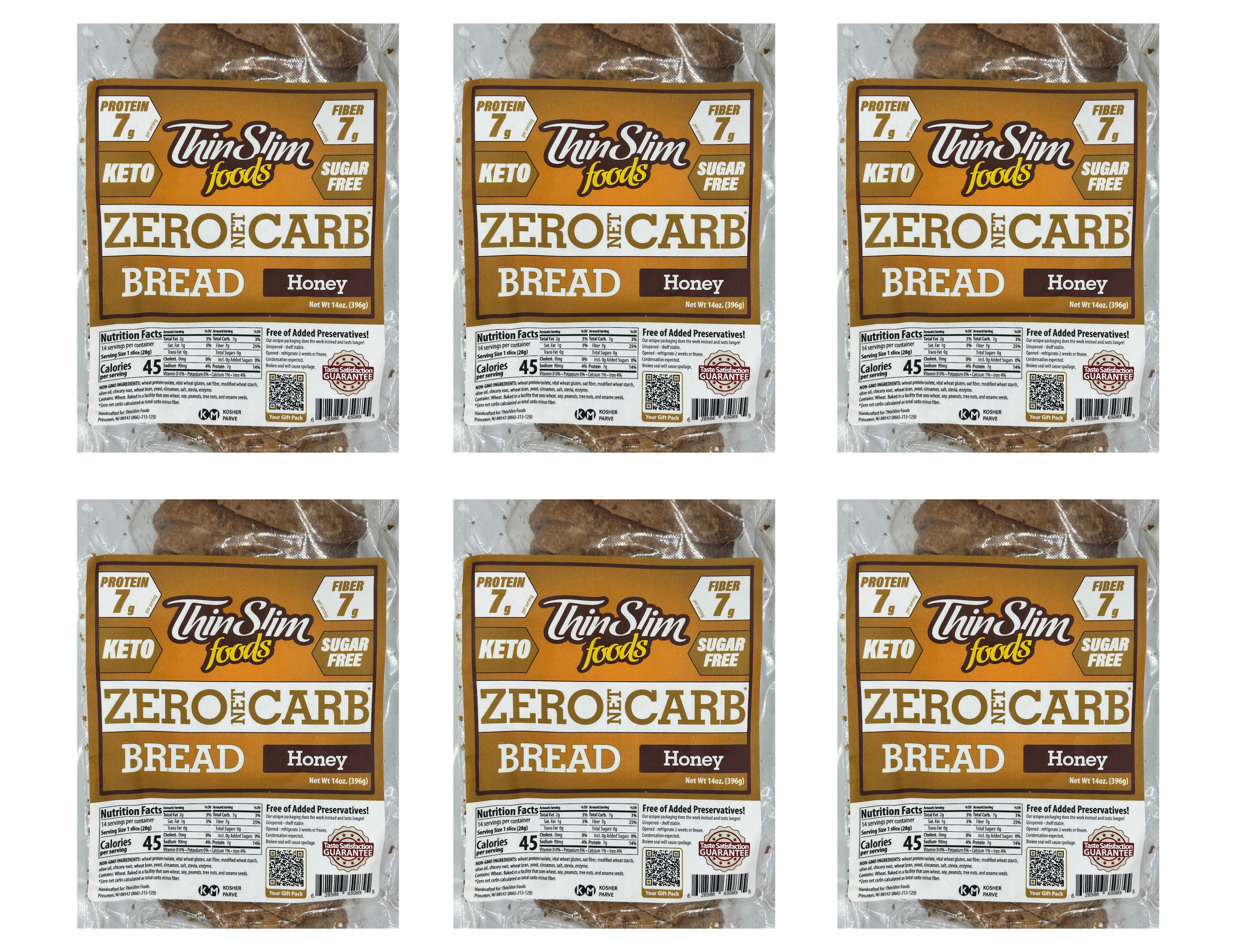 Six packages of Thin Slim Foods Zero Carb Bread with honey flavor are displayed, each showing nutritional information and highlighting features like keto, sugar-free, and high protein content.