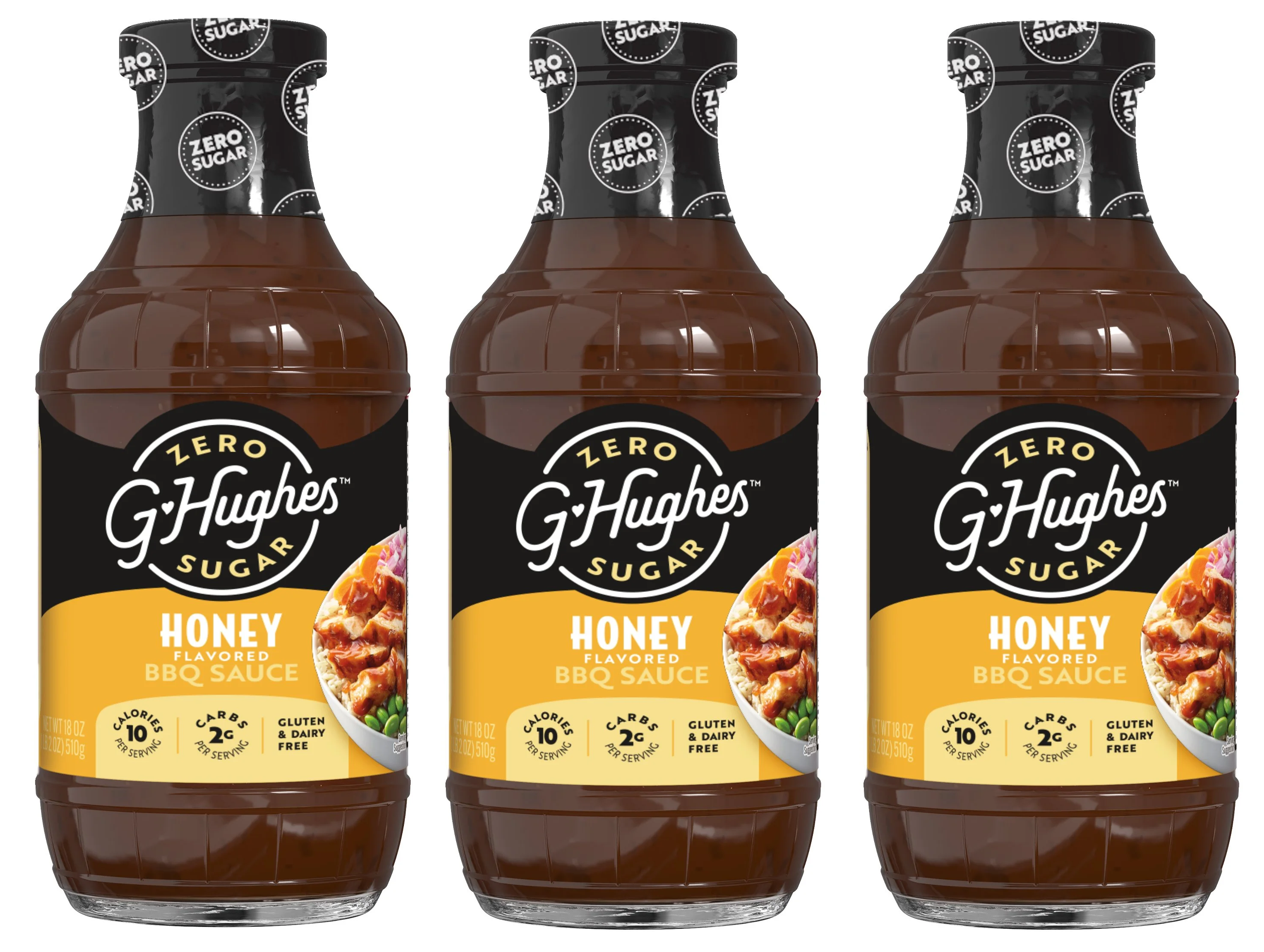 Three bottles of G. Hughes Honey Flavored BBQ Sauce are displayed side by side, each featuring a black label with the text "Zero Sugar," highlighting that the sauce is gluten and dairy free.