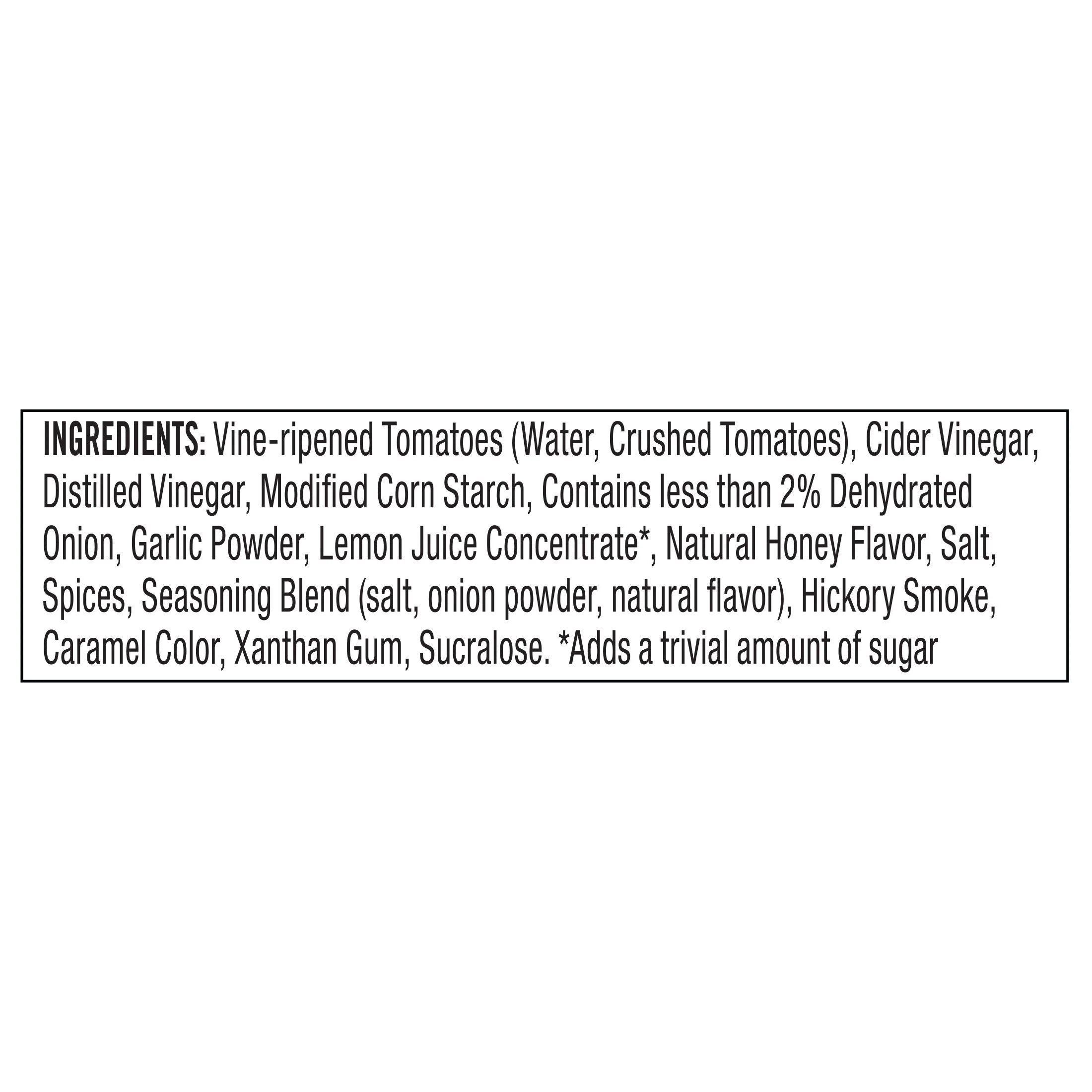 A list of ingredients for a food product, including vine-ripened tomatoes, various vinegars, spices, and flavorings, displayed in a clear, organized format on a white background.