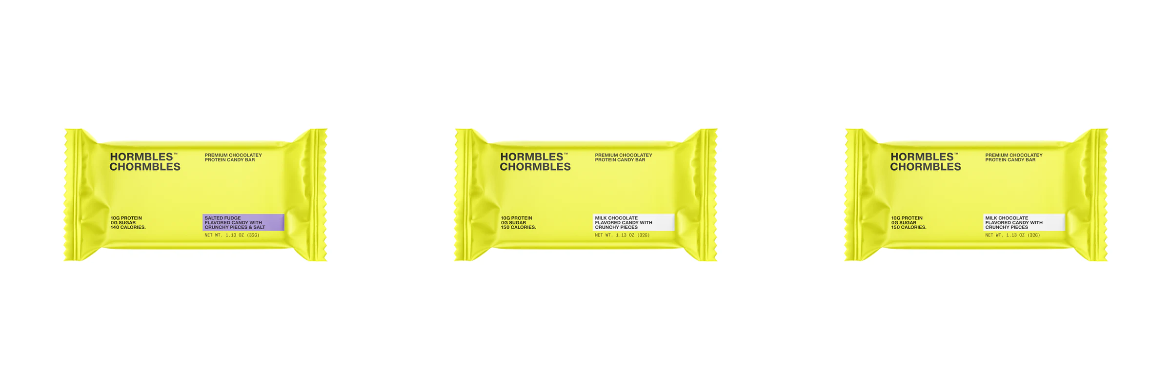 Three brightly packaged protein candy bars labeled "Hormbles Chormbles," featuring flavors of salted fudge and milk chocolate, each highlighting protein content and low sugar.