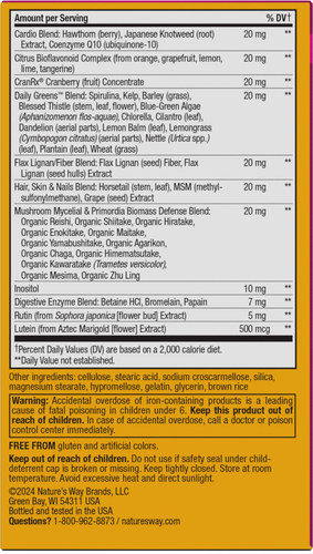 A nutrition facts label lists ingredients and their amounts per serving for a dietary supplement, highlighting various blends and warnings about usage and storage.