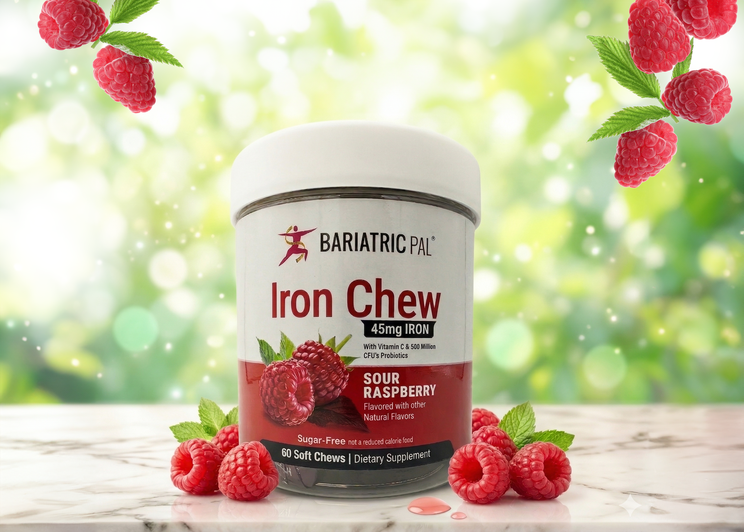A container of Bariatric Pal Iron Chew dietary supplement, labeled "Sour Raspberry," sits on a marble surface surrounded by fresh raspberries, with a soft-focus green background.