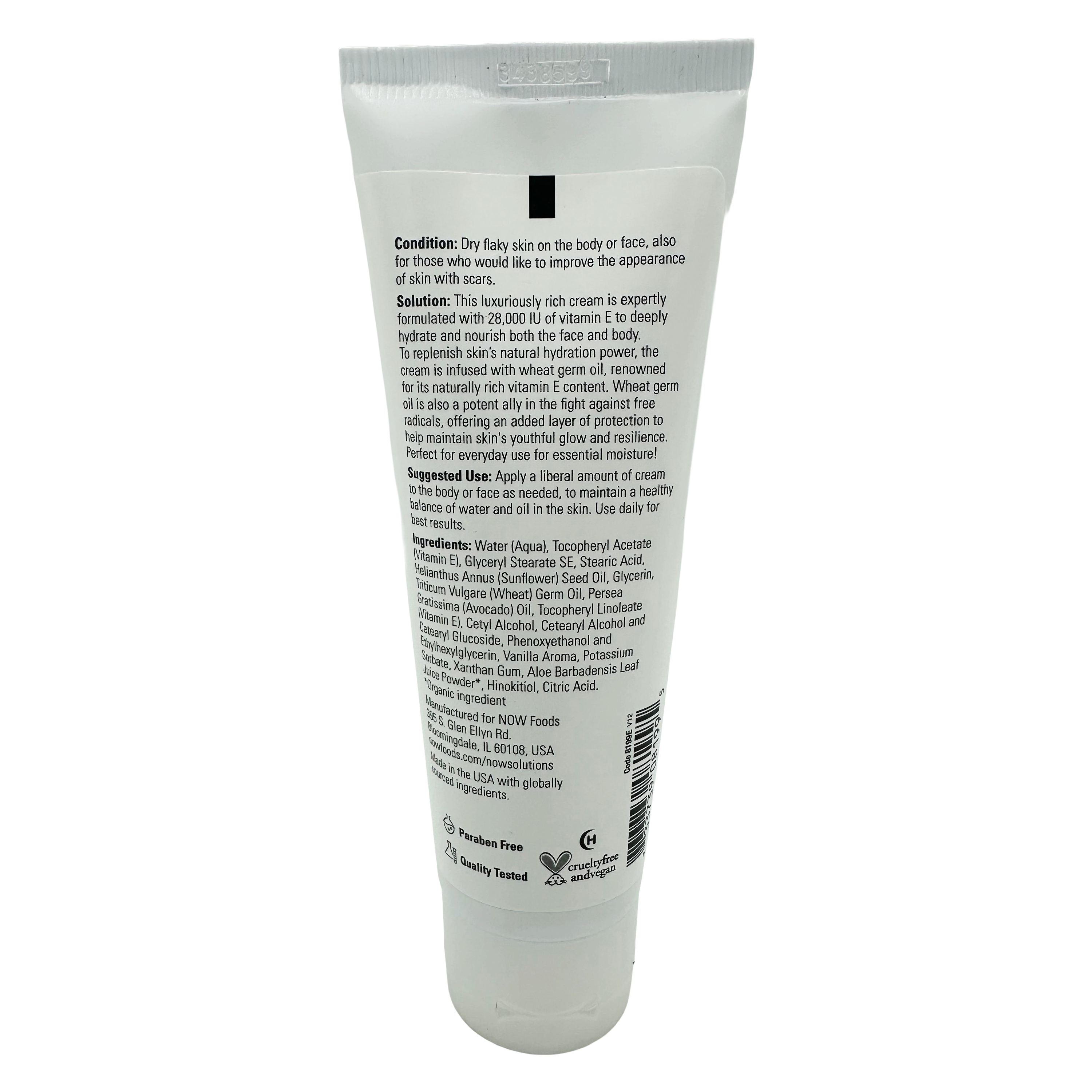 A white tube of moisturizing cream with a detailed product description and usage instructions printed on the back, highlighting its benefits for dry skin on the body and face.