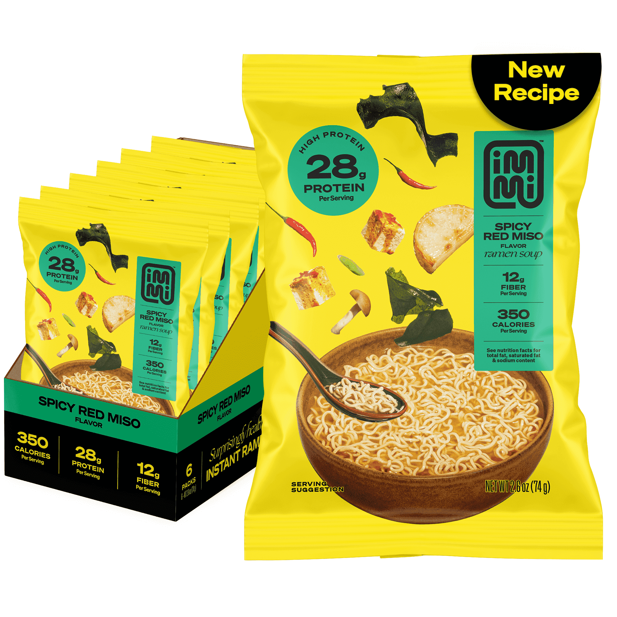 A vibrant yellow package of IMMI Spicy Red Miso ramen soup displays the product's high protein content and serving suggestions, alongside a bowl of noodles and various ingredients.